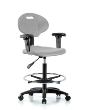 Erie Polyurethane Chair - High Bench Height with Chrome Foot Ring, Adjustable Arms, & Casters in Gray Polyurethane
