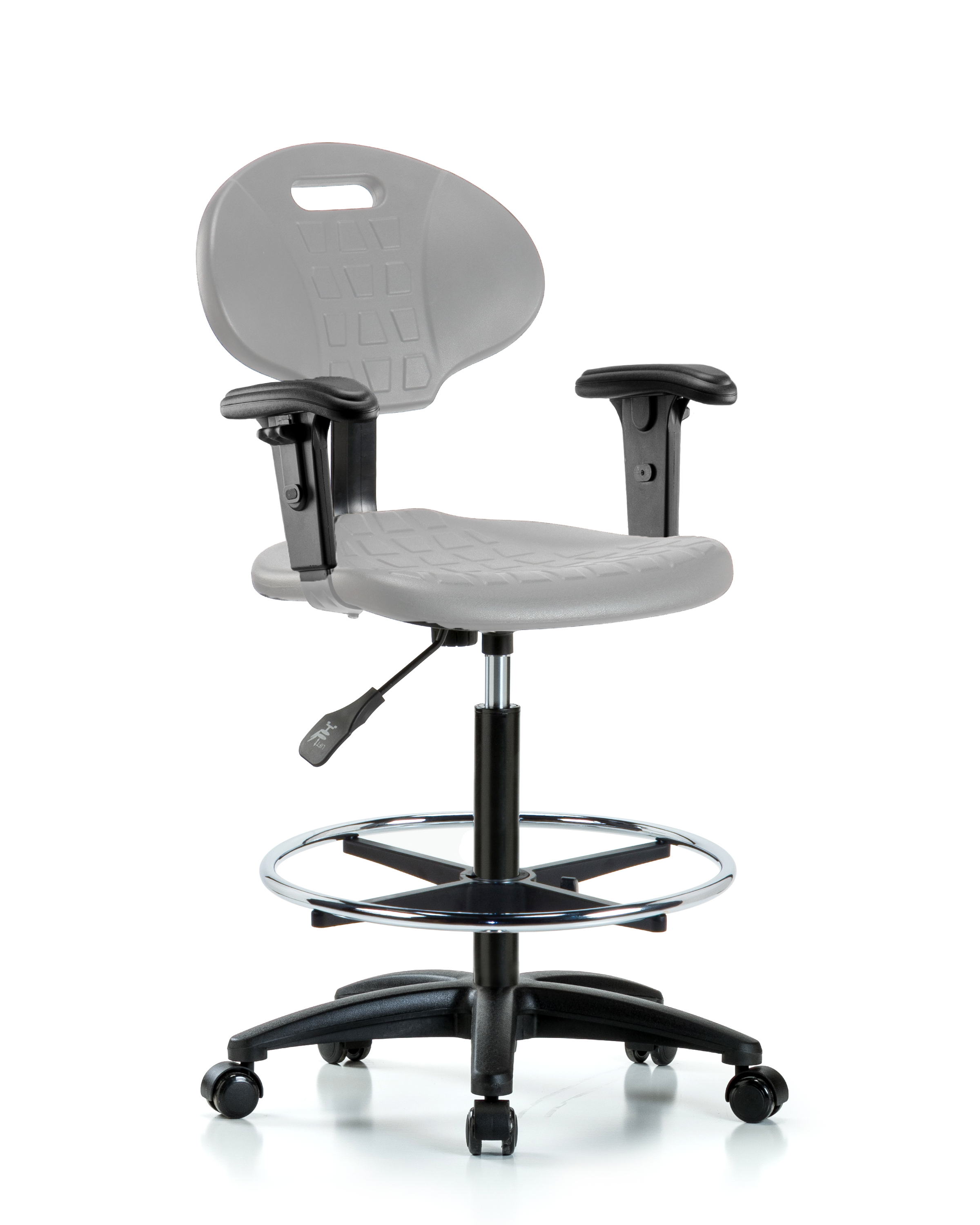 Erie Polyurethane Chair - High Bench Height with Chrome Foot Ring, Adjustable Arms, & Casters in Gray Polyurethane