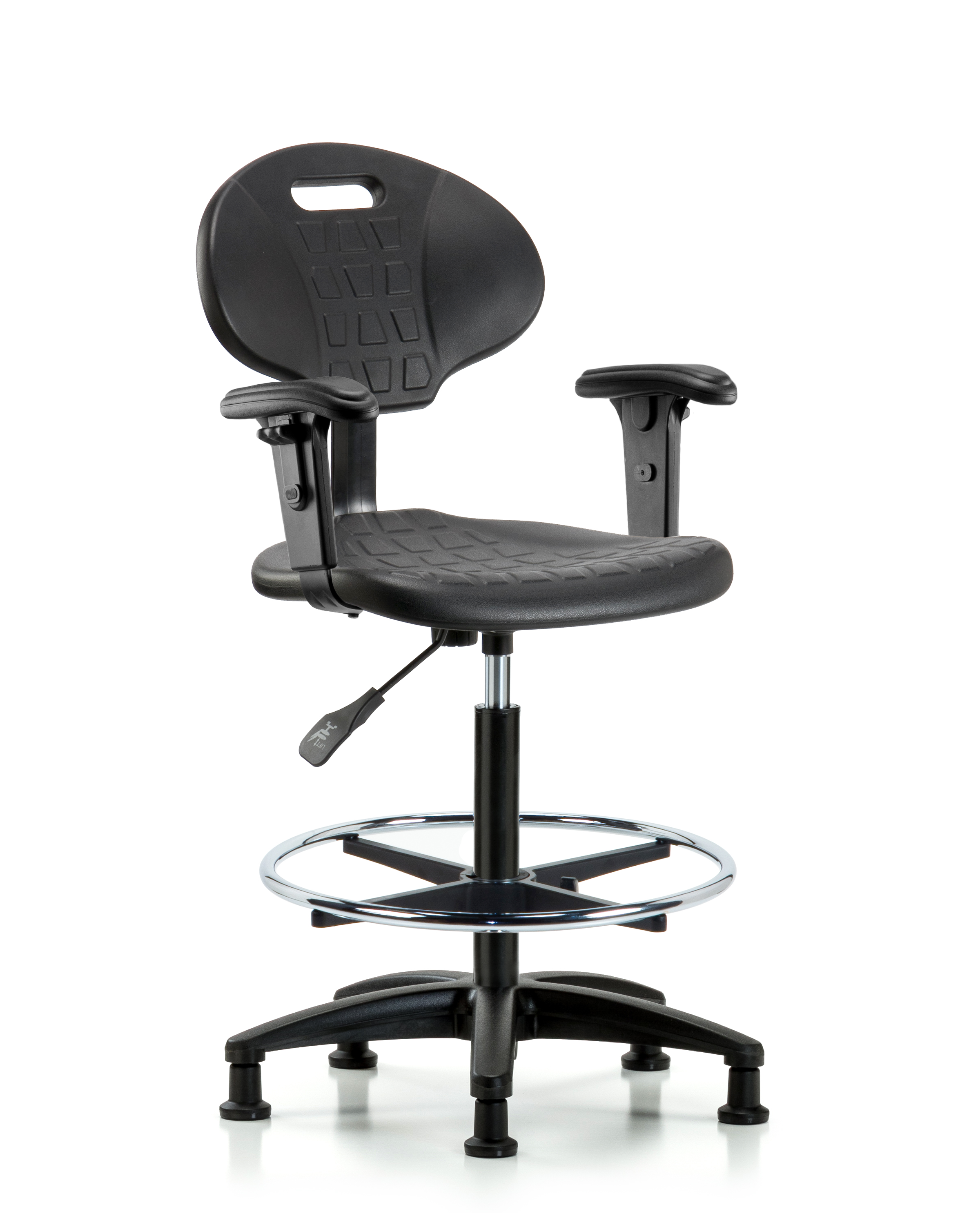 Erie Polyurethane Chair - High Bench Height with Chrome Foot Ring, Adjustable Arms, & Stationary Glides in Black Polyurethane