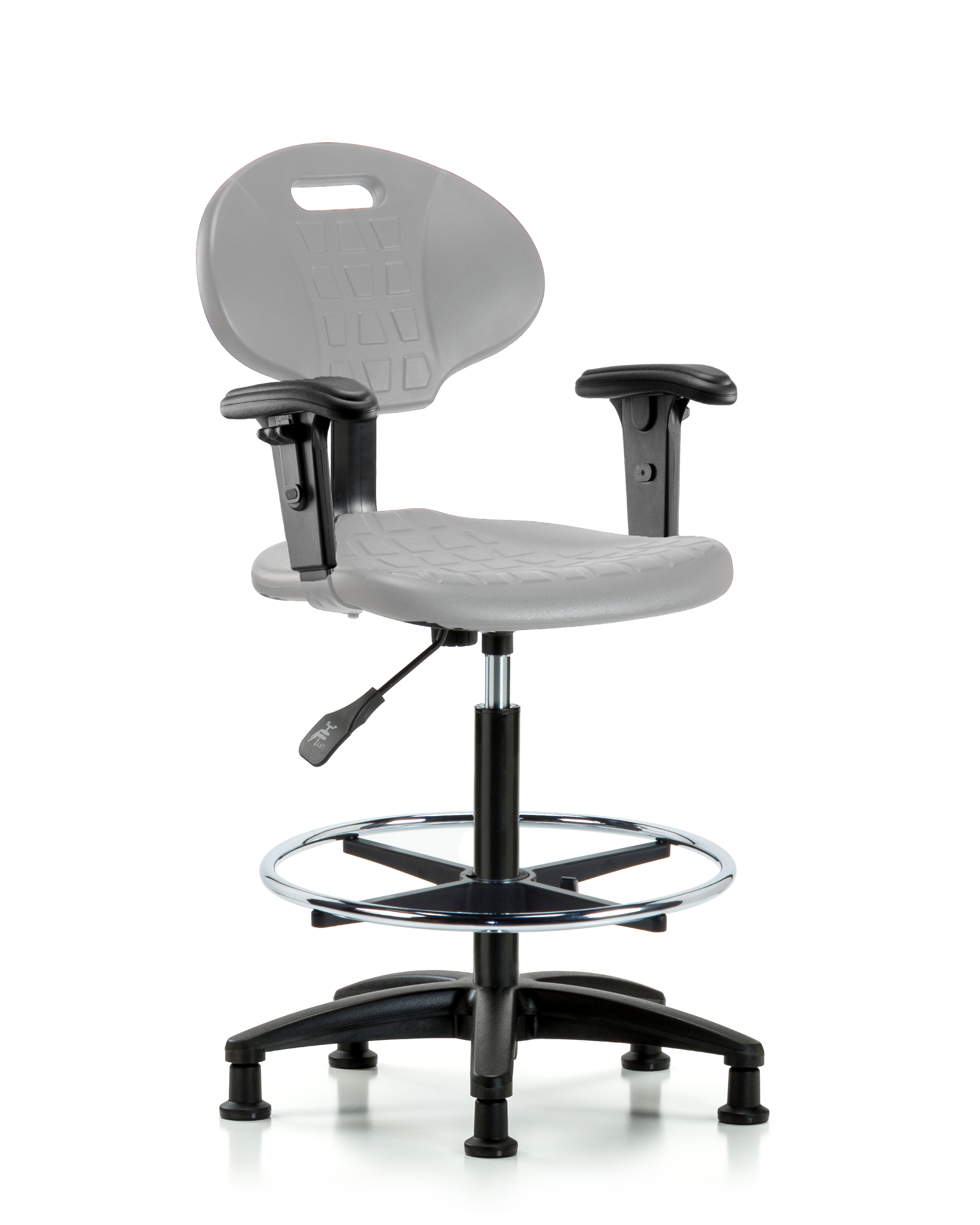 Erie Polyurethane Chair - High Bench Height with Chrome Foot Ring, Adjustable Arms, & Stationary Glides in Gray Polyurethane