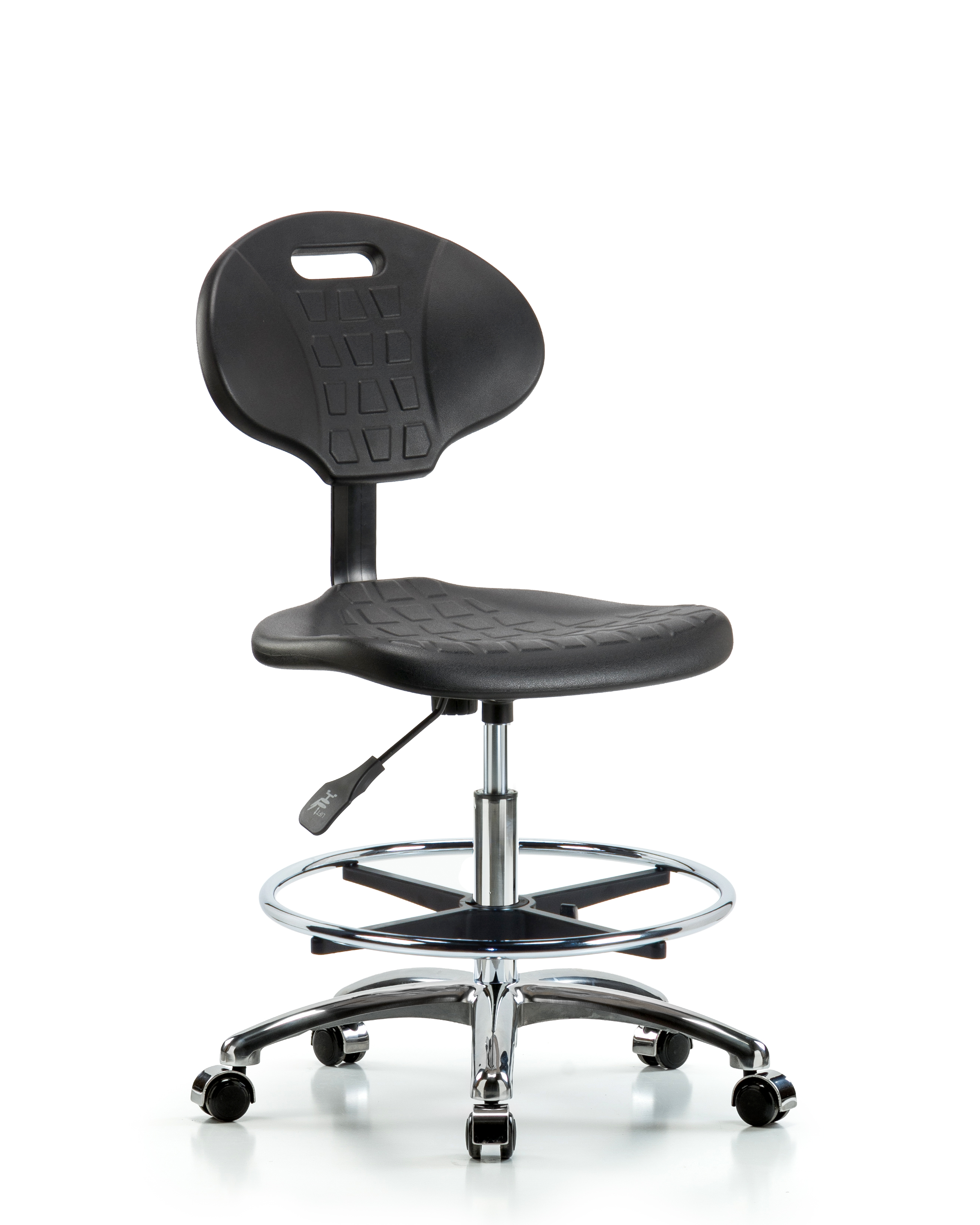 Erie Polyurethane Chair Chrome - Medium Bench Height with Chrome Foot Ring & Chrome Casters in Black Polyurethane