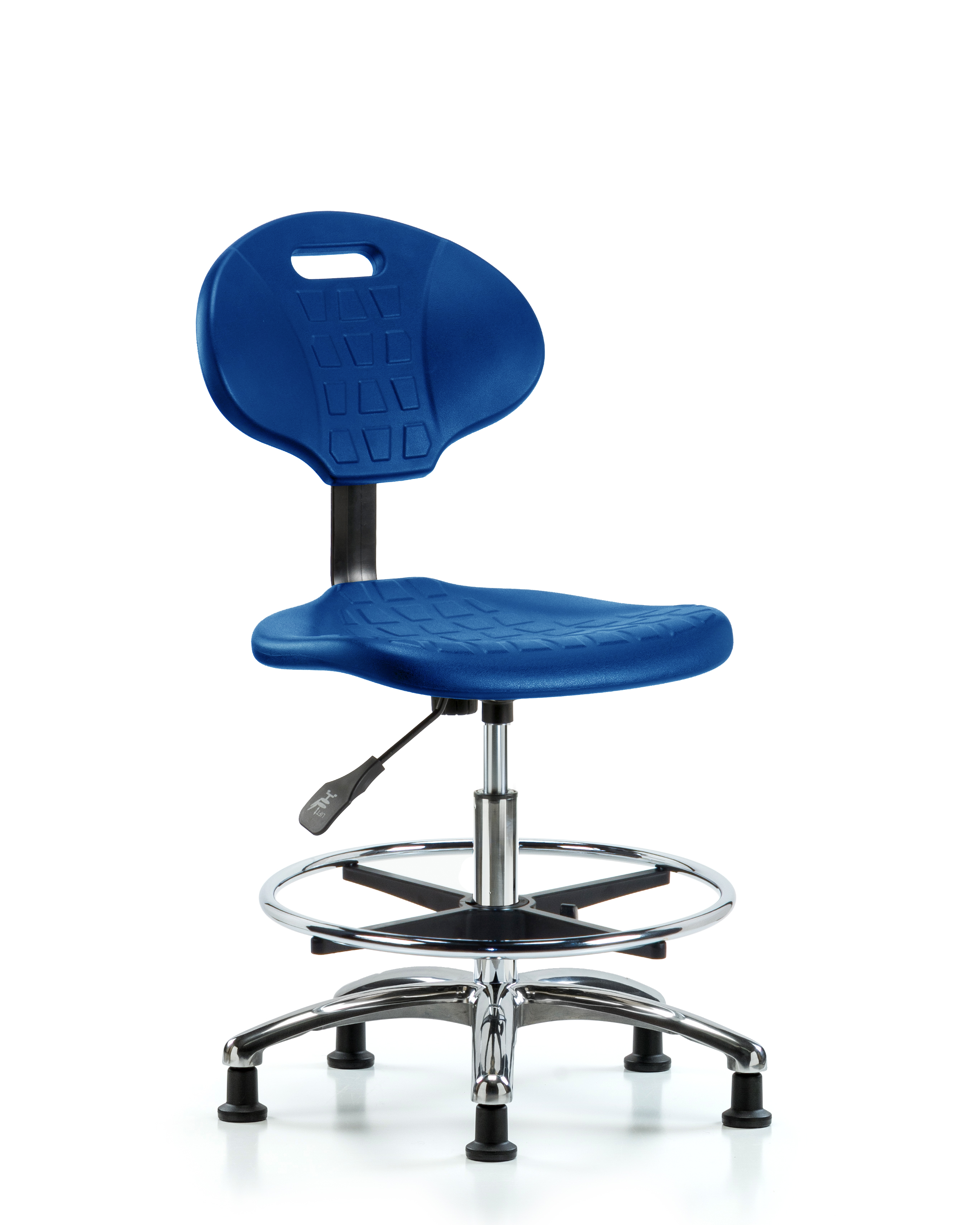 Erie Polyurethane Chair Chrome - Medium Bench Height with Chrome Foot Ring & Stationary Glides in Blue Polyurethane