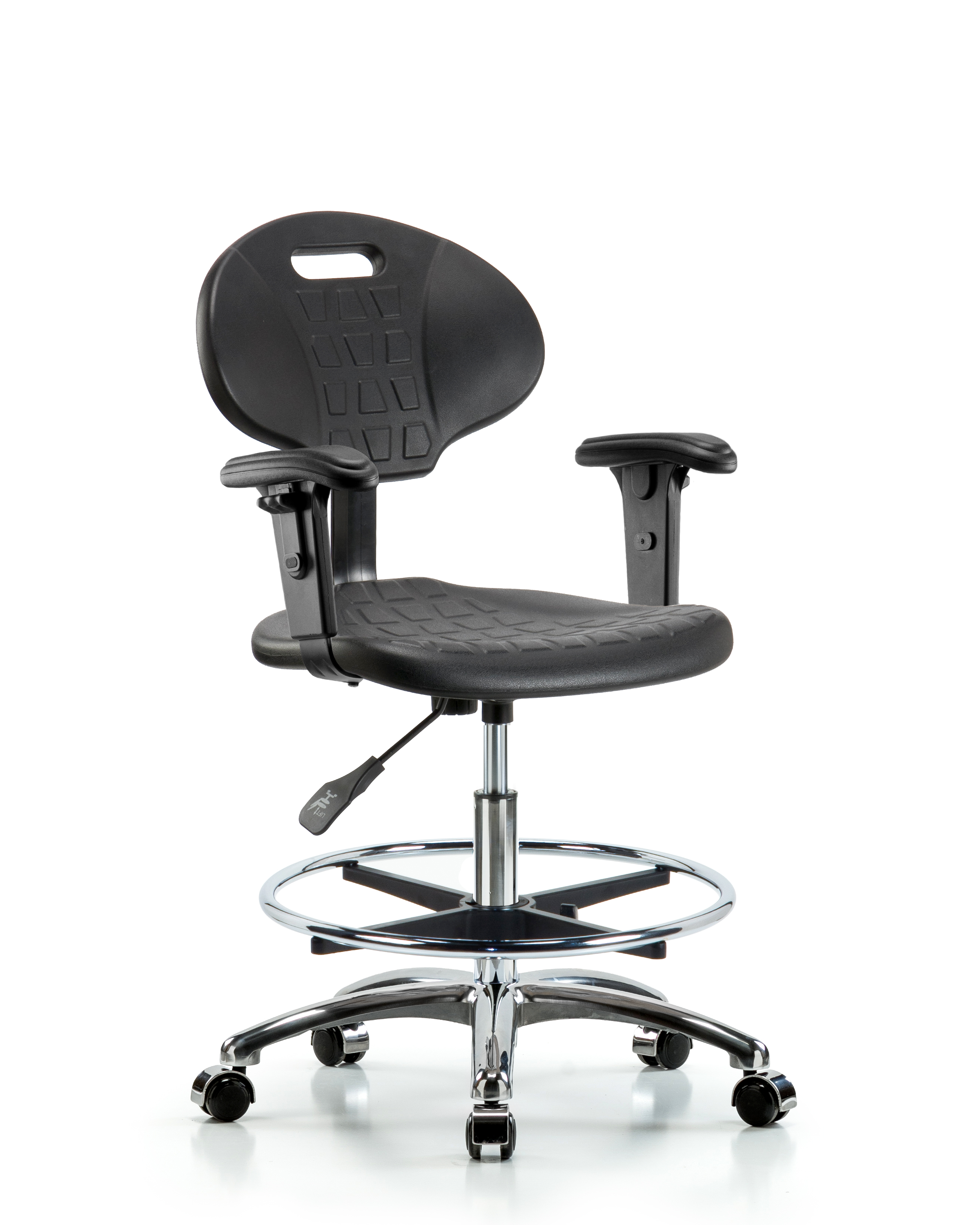 Erie Polyurethane Chair Chrome - Medium Bench Height with Chrome Foot Ring, Adjustable Arms, & Chrome Casters in Black Polyurethane