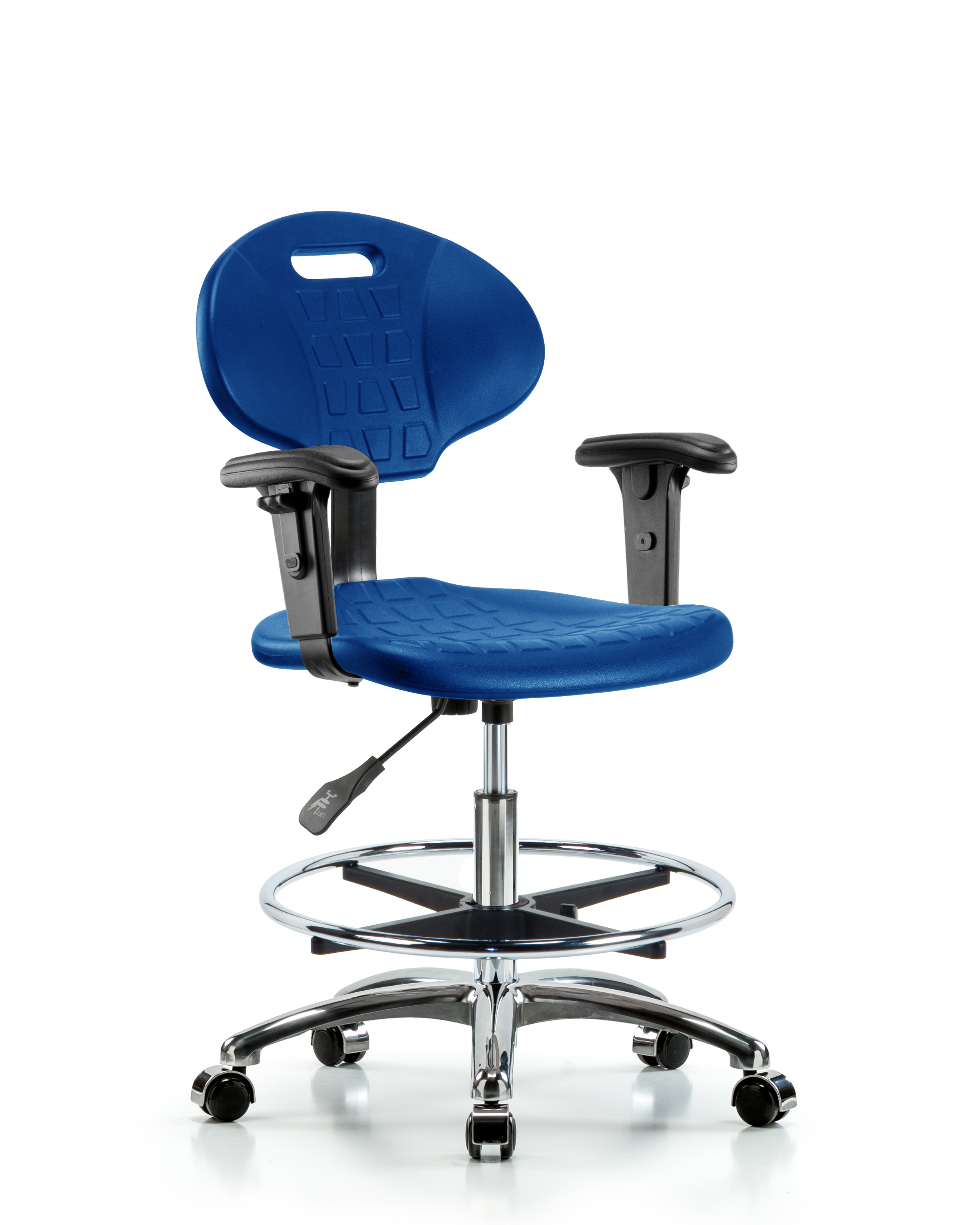 Erie Polyurethane Chair Chrome - Medium Bench Height with Chrome Foot Ring, Adjustable Arms, & Chrome Casters in Blue Polyurethane