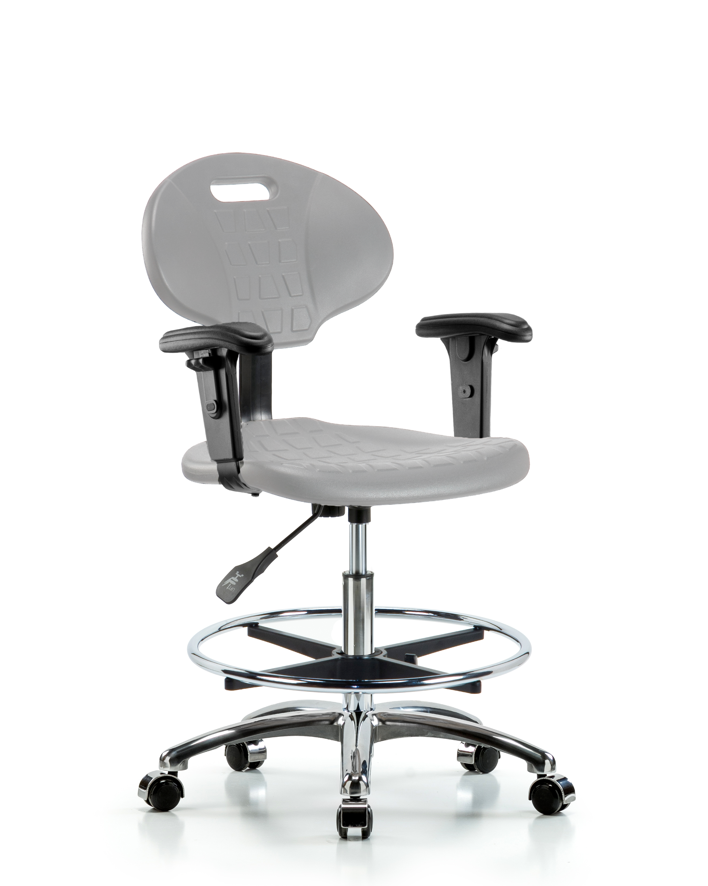 Erie Polyurethane Chair Chrome - Medium Bench Height with Chrome Foot Ring, Adjustable Arms, & Chrome Casters in Gray Polyurethane