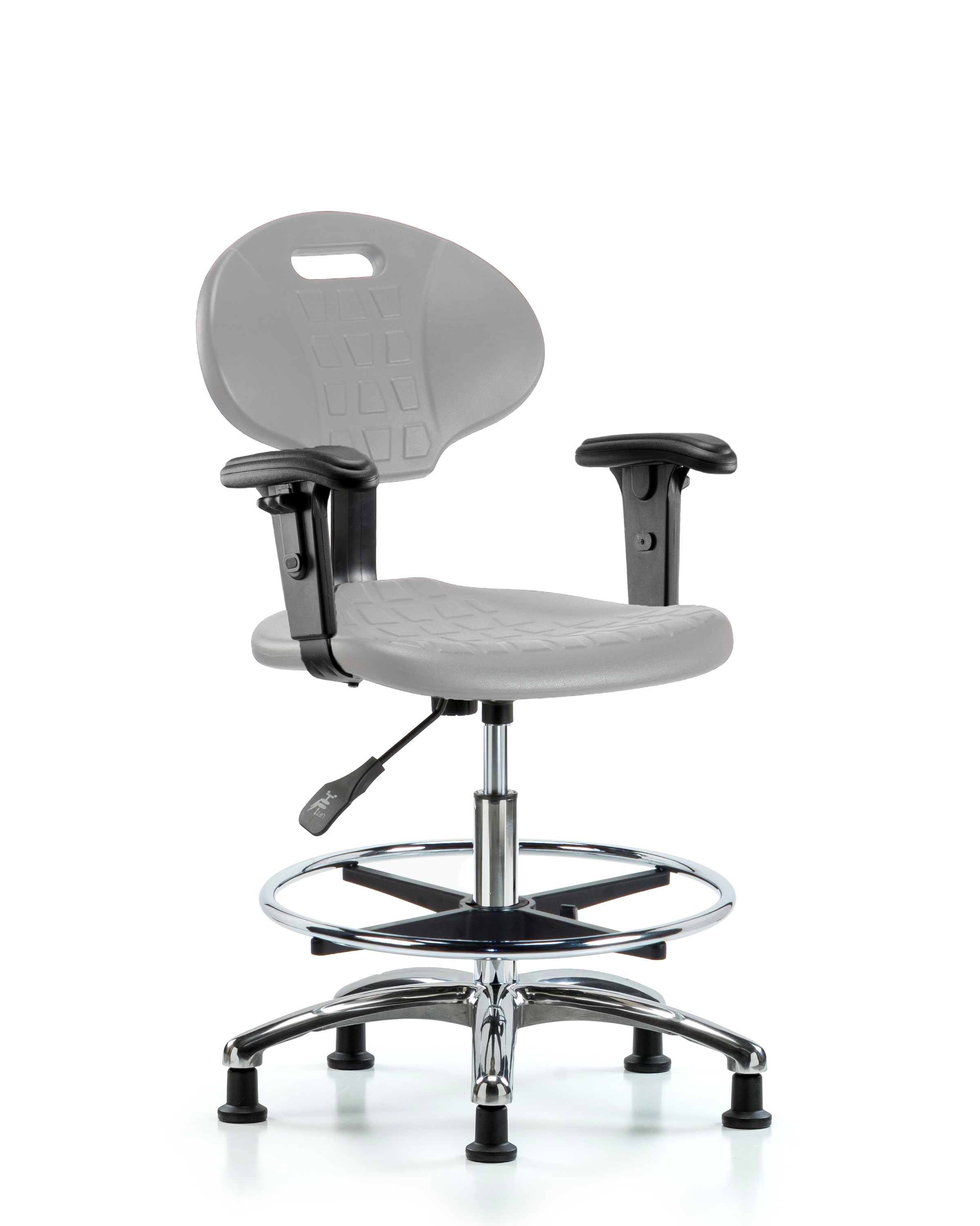 Erie Polyurethane Chair Chrome - Medium Bench Height with Chrome Foot Ring, Adjustable Arms, & Stationary Glides in Gray Polyurethane