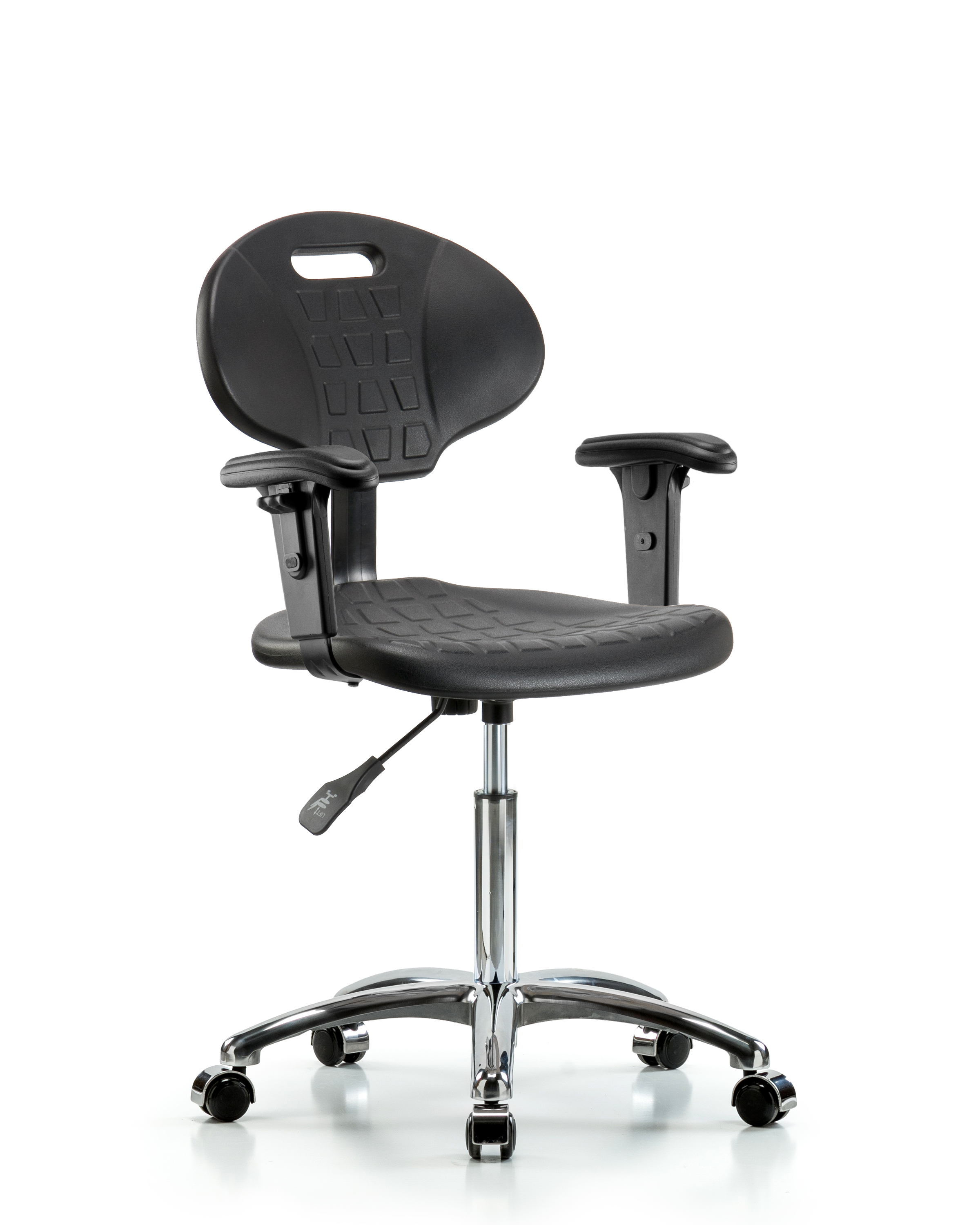 Erie Polyurethane Chair Chrome - Medium Bench Height with Adjustable Arms & Chrome Casters in Black Polyurethane