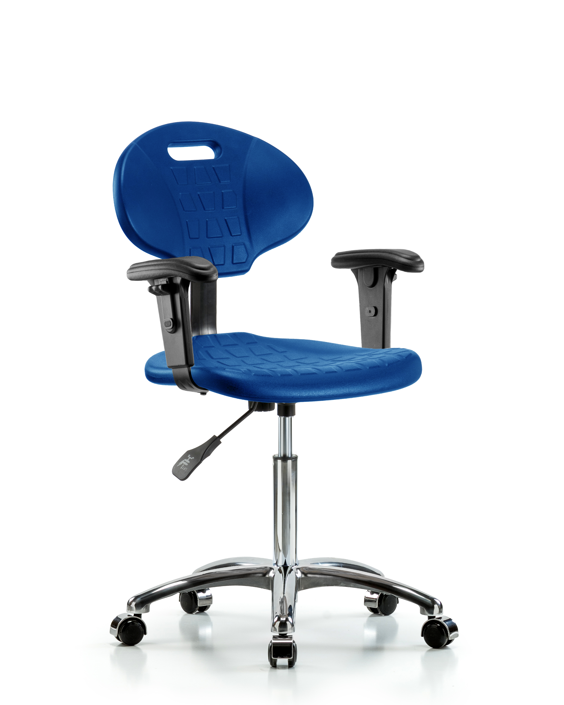 Erie Polyurethane Chair Chrome - Medium Bench Height with Adjustable Arms & Chrome Casters in Blue Polyurethane