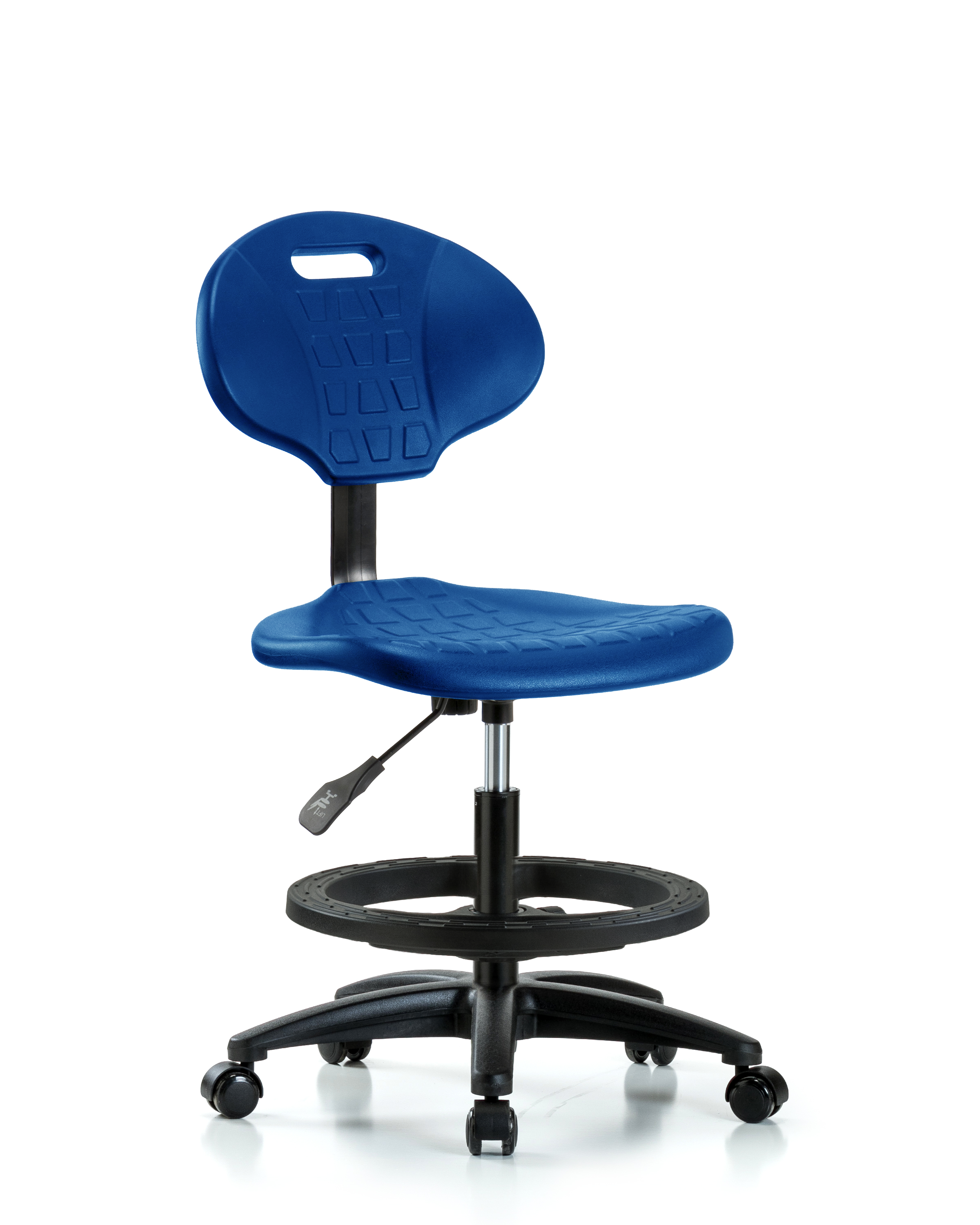 Erie Polyurethane Chair - Medium Bench Height with Black Foot Ring & Casters in Blue Polyurethane