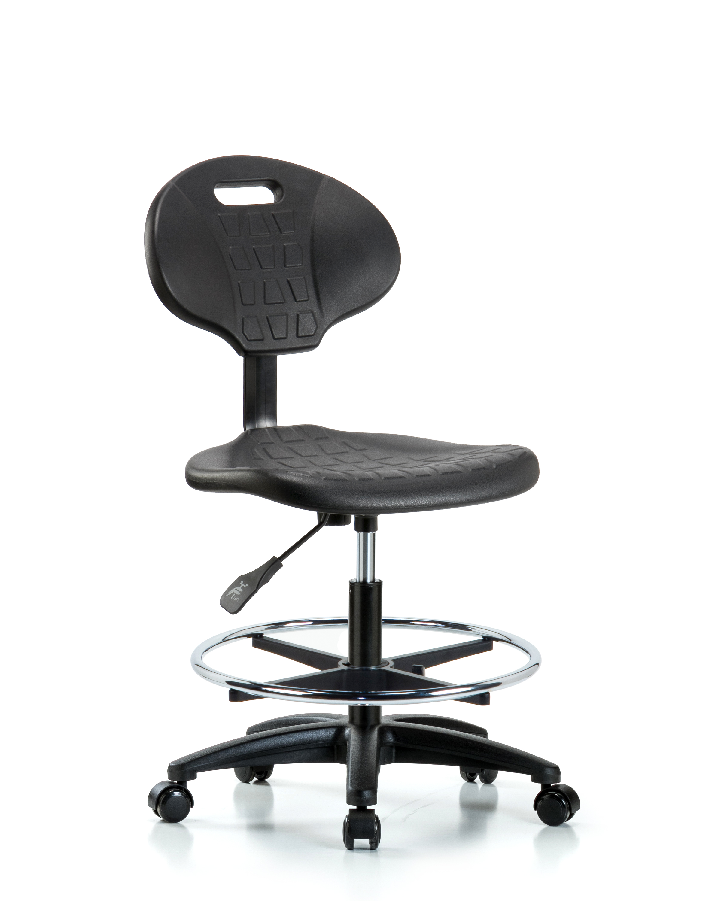 Erie Polyurethane Chair - Medium Bench Height with Chrome Foot Ring & Casters in Black Polyurethane