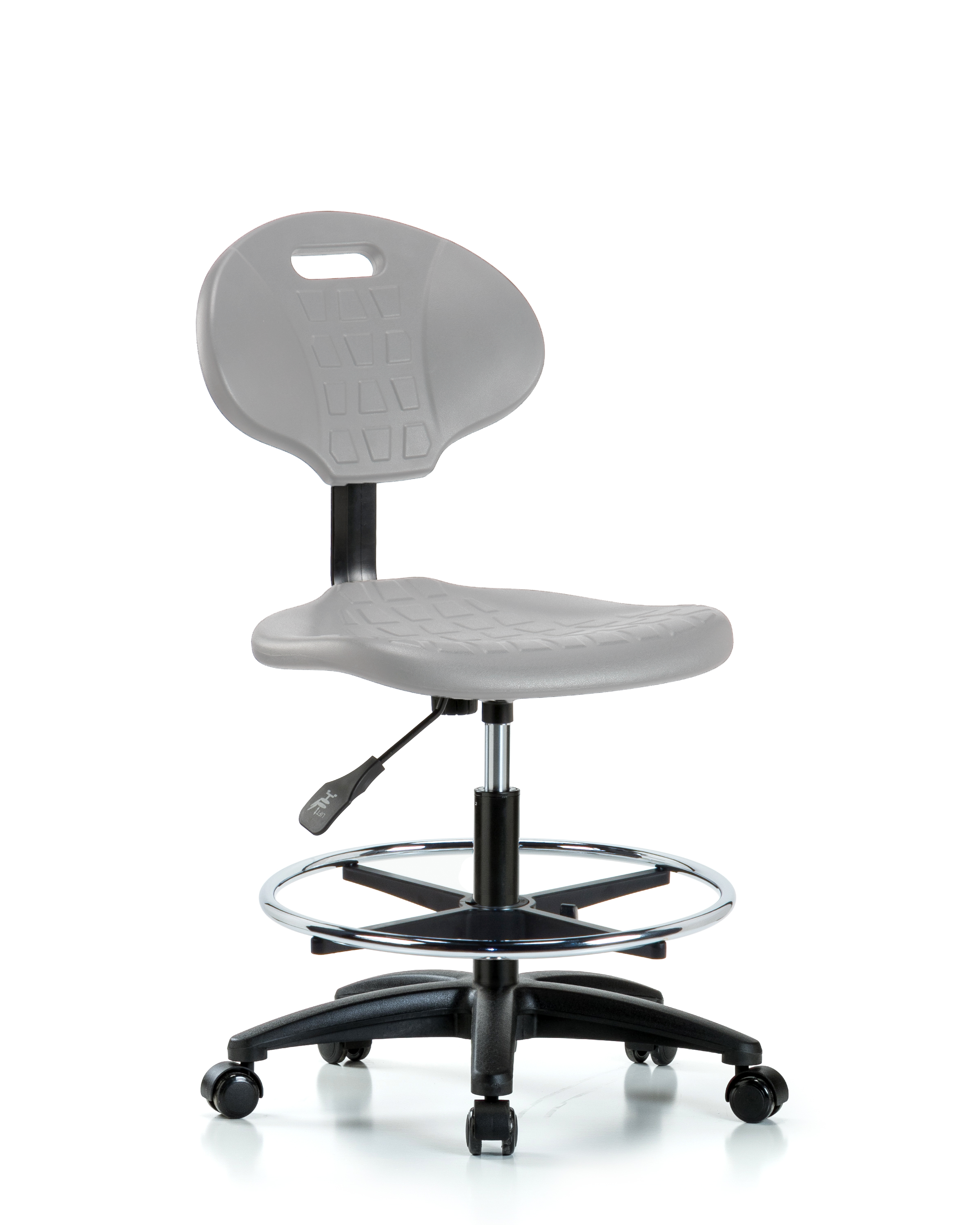 Erie Polyurethane Chair - Medium Bench Height with Chrome Foot Ring & Casters in Gray Polyurethane