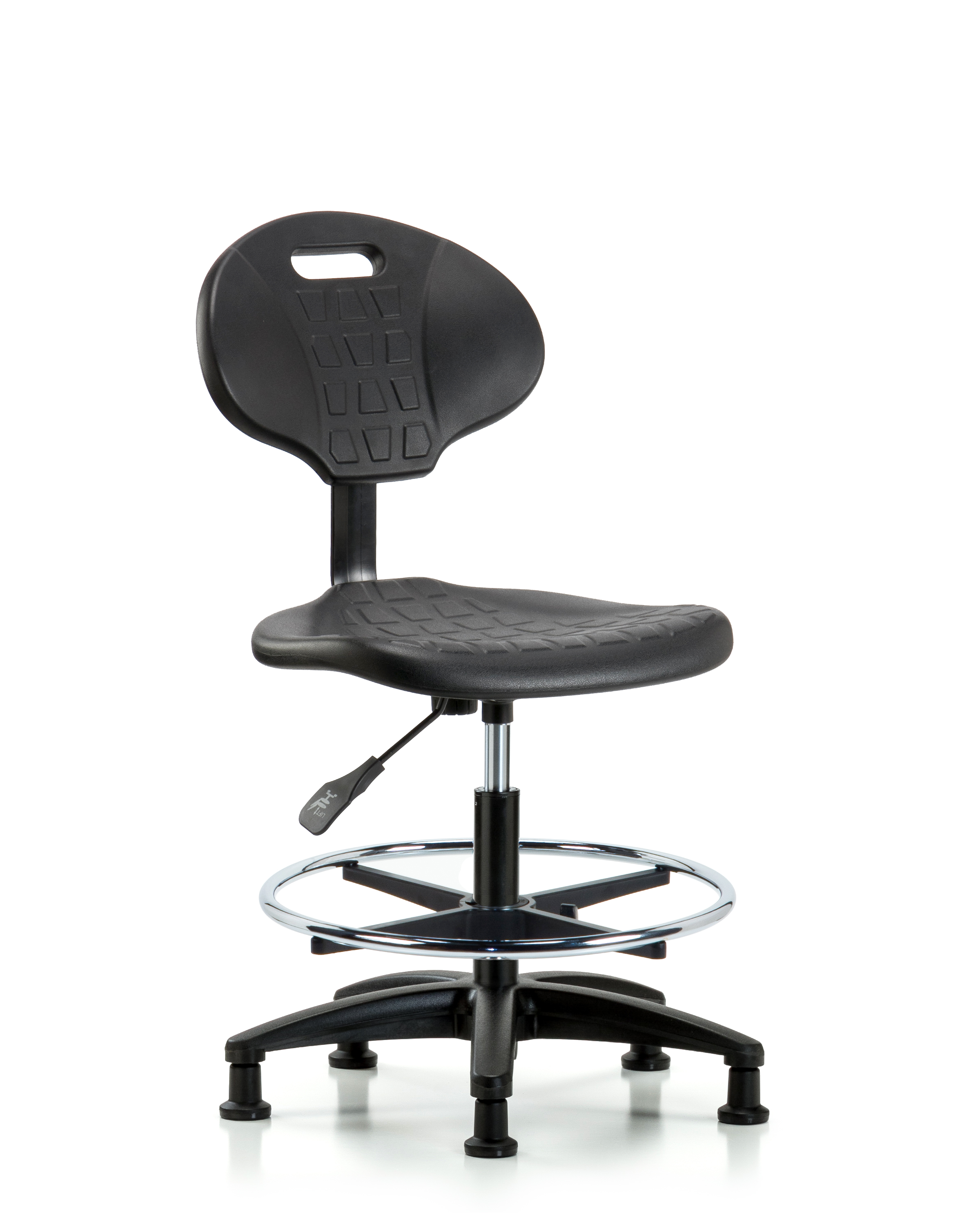 Erie Polyurethane Chair - Medium Bench Height with Chrome Foot Ring & Stationary Glides in Black Polyurethane