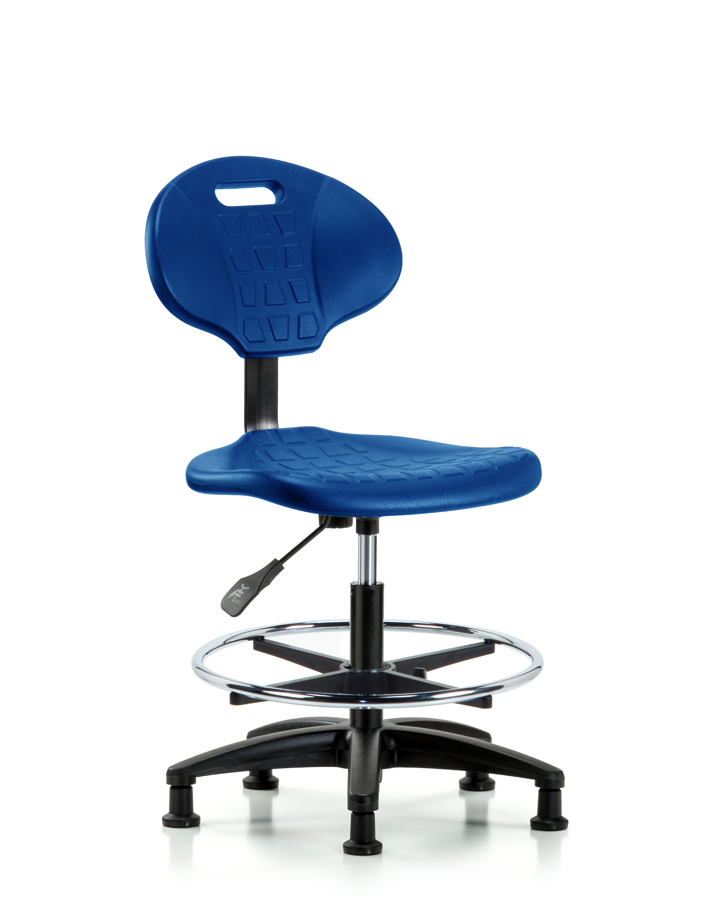 Erie Polyurethane Chair - Medium Bench Height with Chrome Foot Ring & Stationary Glides in Blue Polyurethane