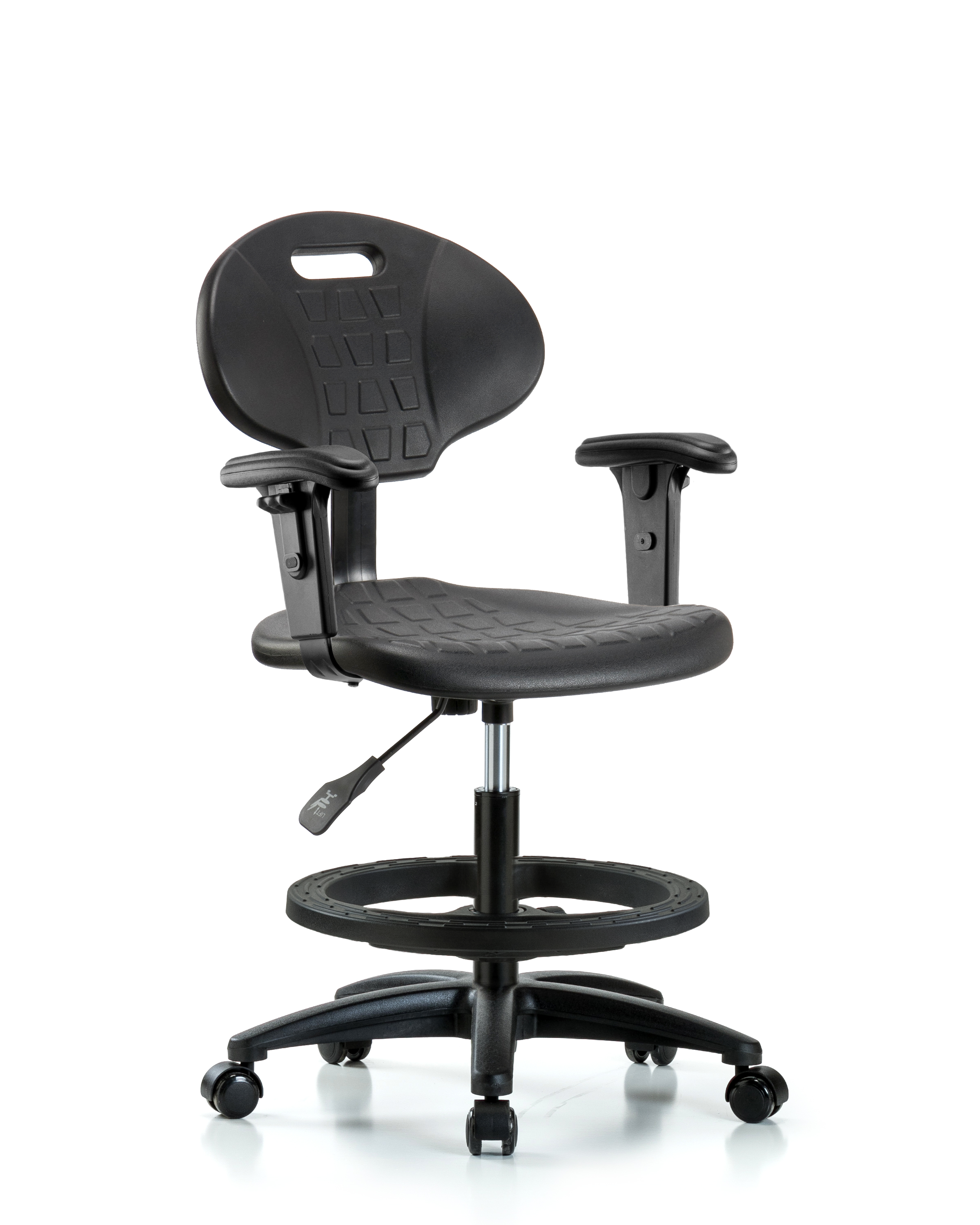Erie Polyurethane Chair - Medium Bench Height with Black Foot Ring, Adjustable Arms, & Casters in Black Polyurethane