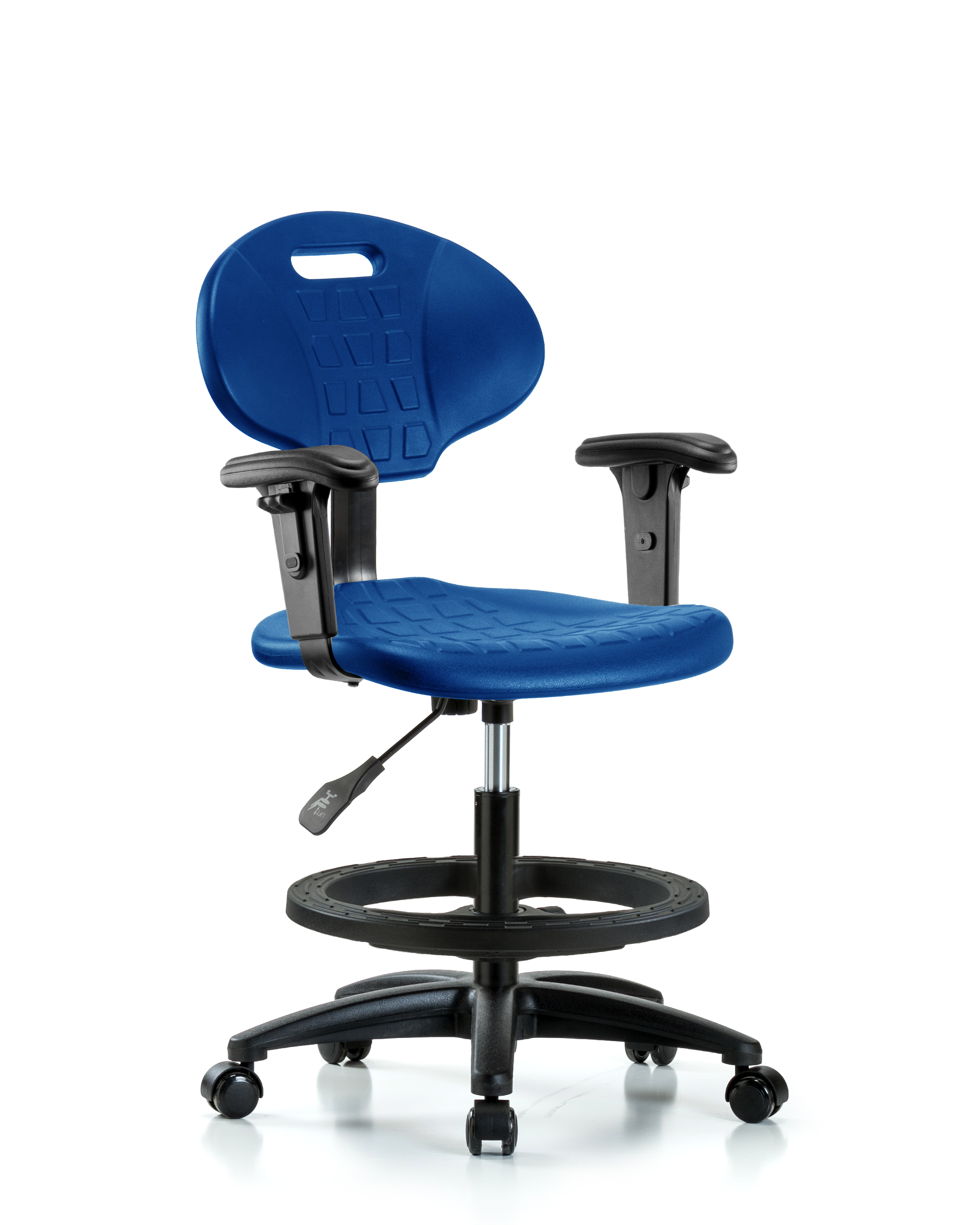 Erie Polyurethane Chair - Medium Bench Height with Black Foot Ring, Adjustable Arms, & Casters in Blue Polyurethane