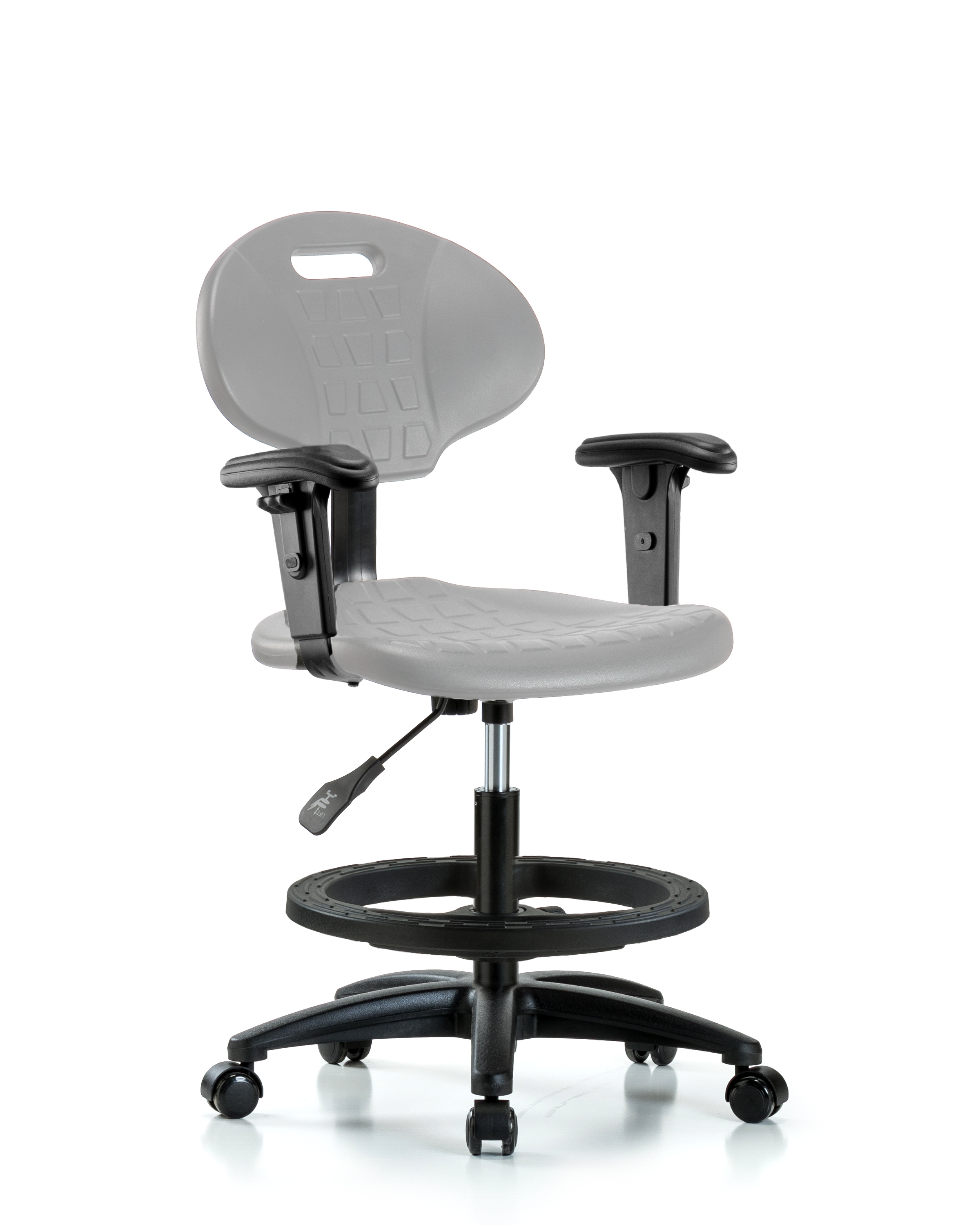 Erie Polyurethane Chair - Medium Bench Height with Black Foot Ring, Adjustable Arms, & Casters in Gray Polyurethane
