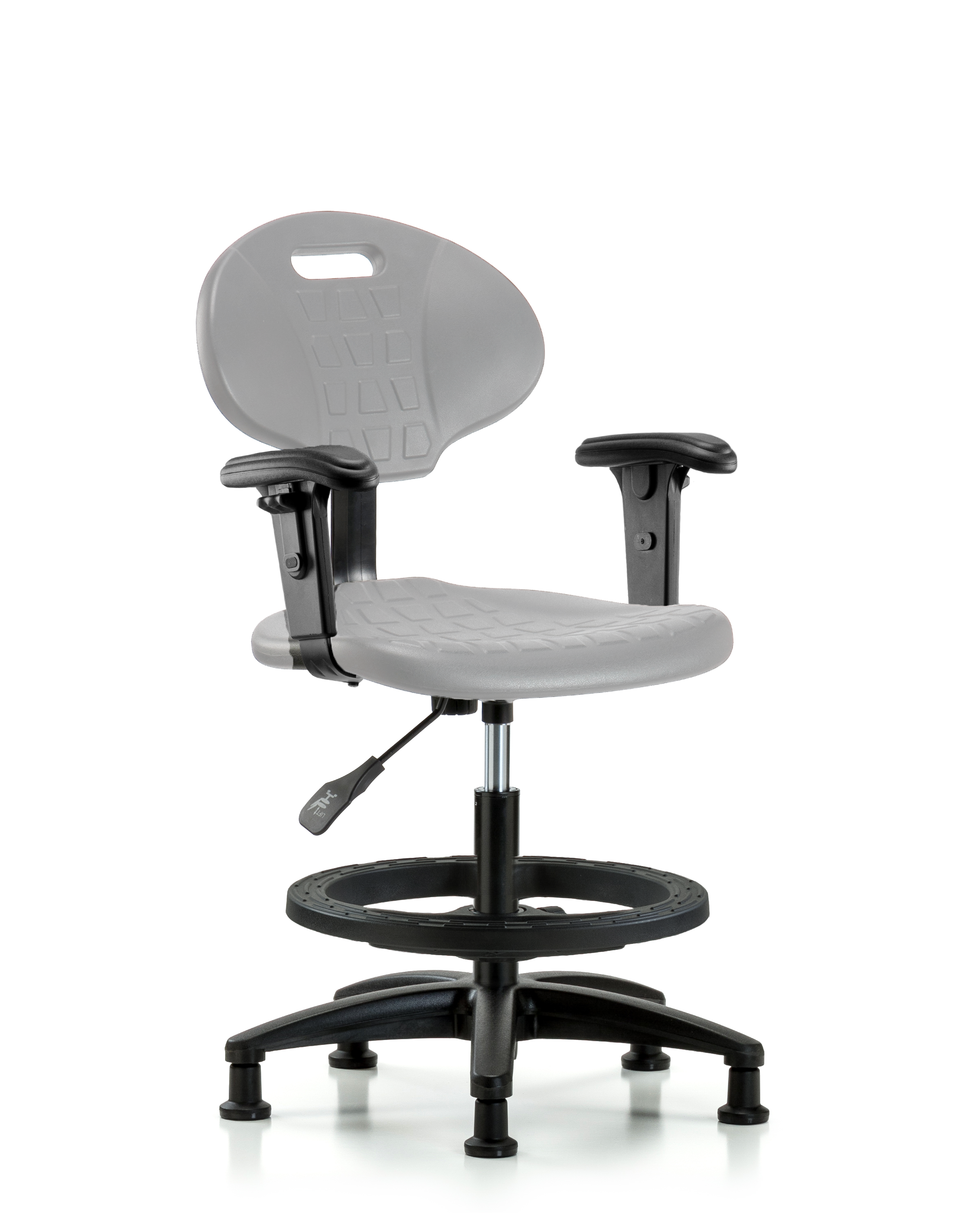Erie Polyurethane Chair - Medium Bench Height with Black Foot Ring, Adjustable Arms, & Stationary Glides in Gray Polyurethane