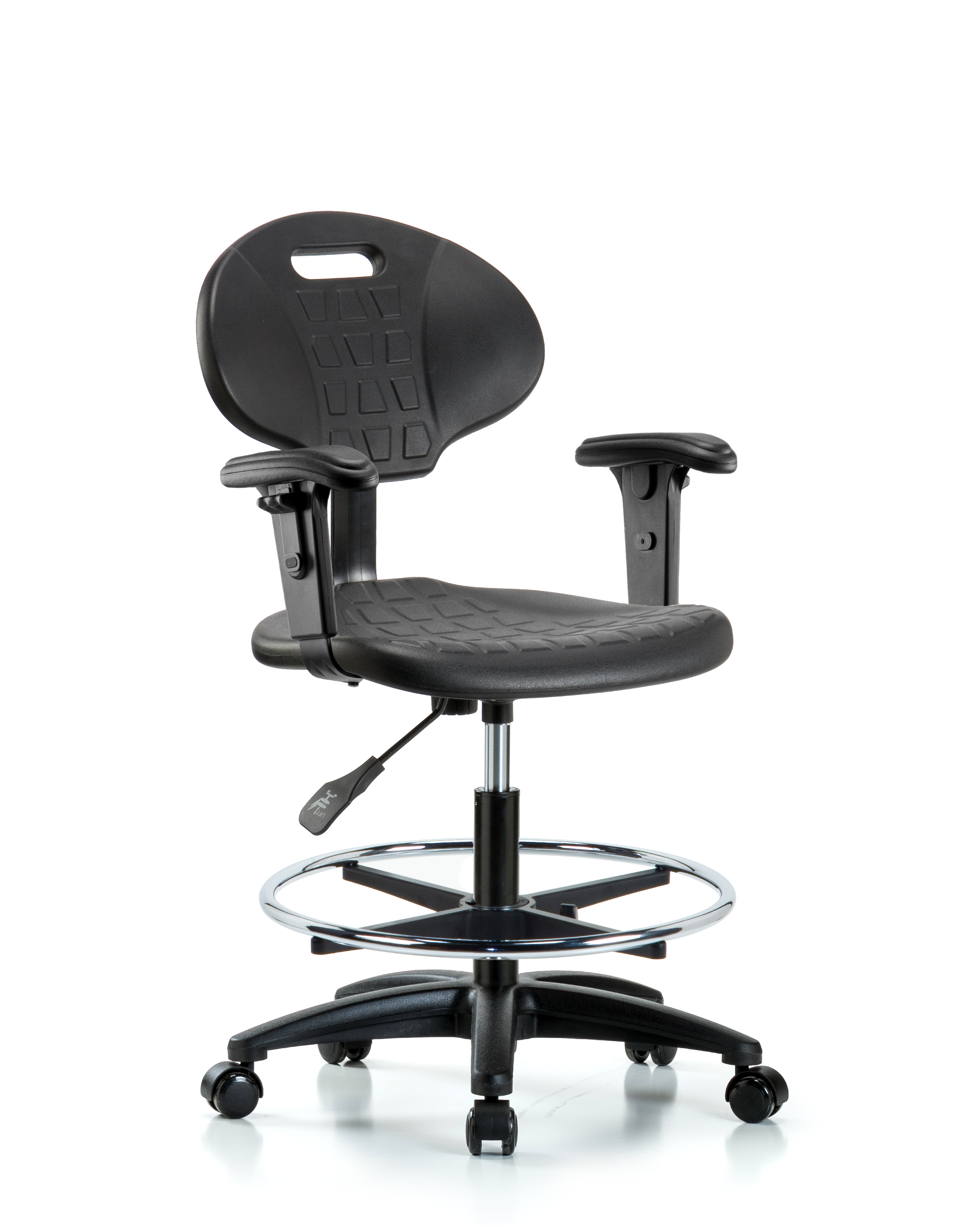Erie Polyurethane Chair - Medium Bench Height with Chrome Foot Ring, Adjustable Arms, & Casters in Black Polyurethane
