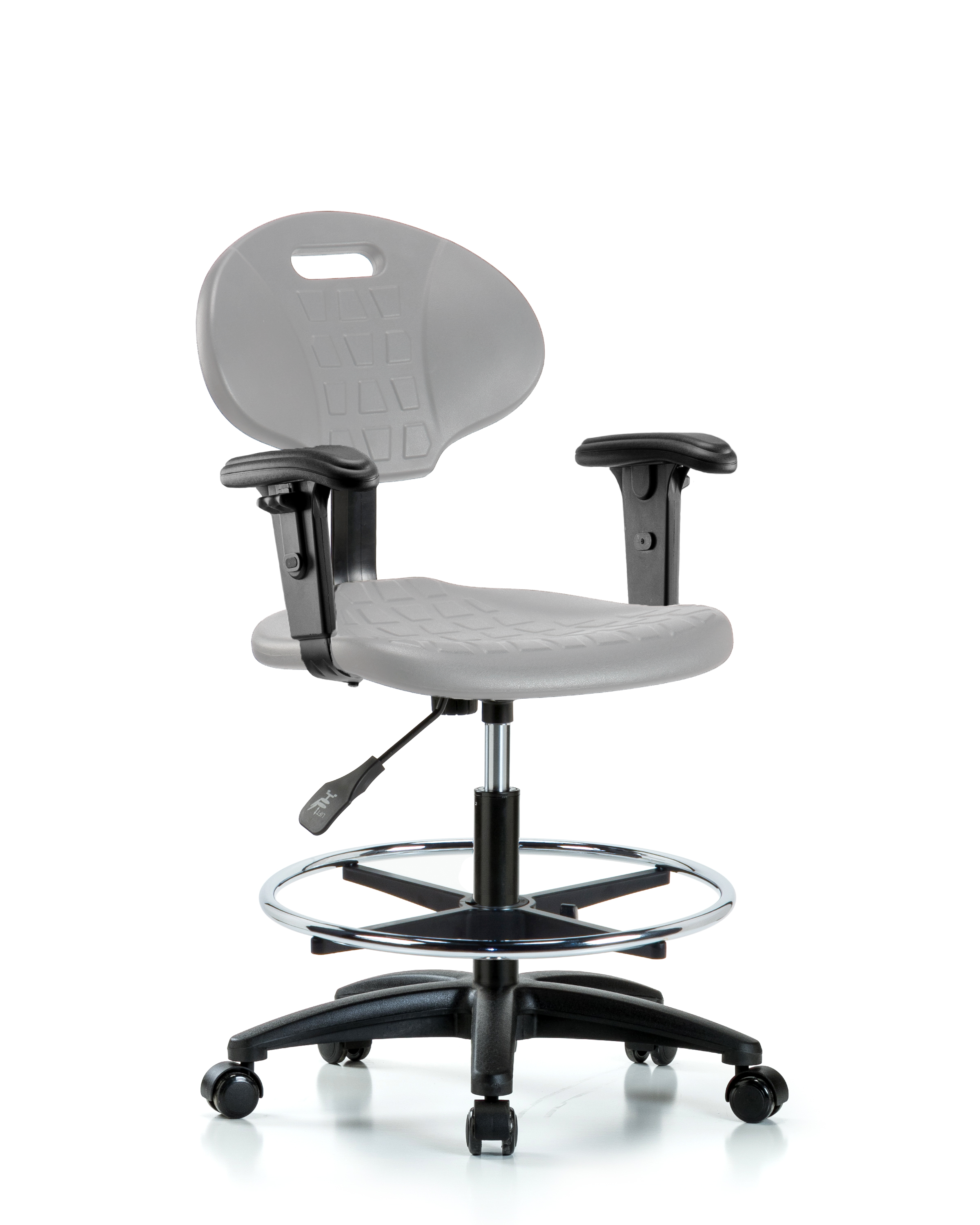 Erie Polyurethane Chair - Medium Bench Height with Chrome Foot Ring, Adjustable Arms, & Casters in Gray Polyurethane