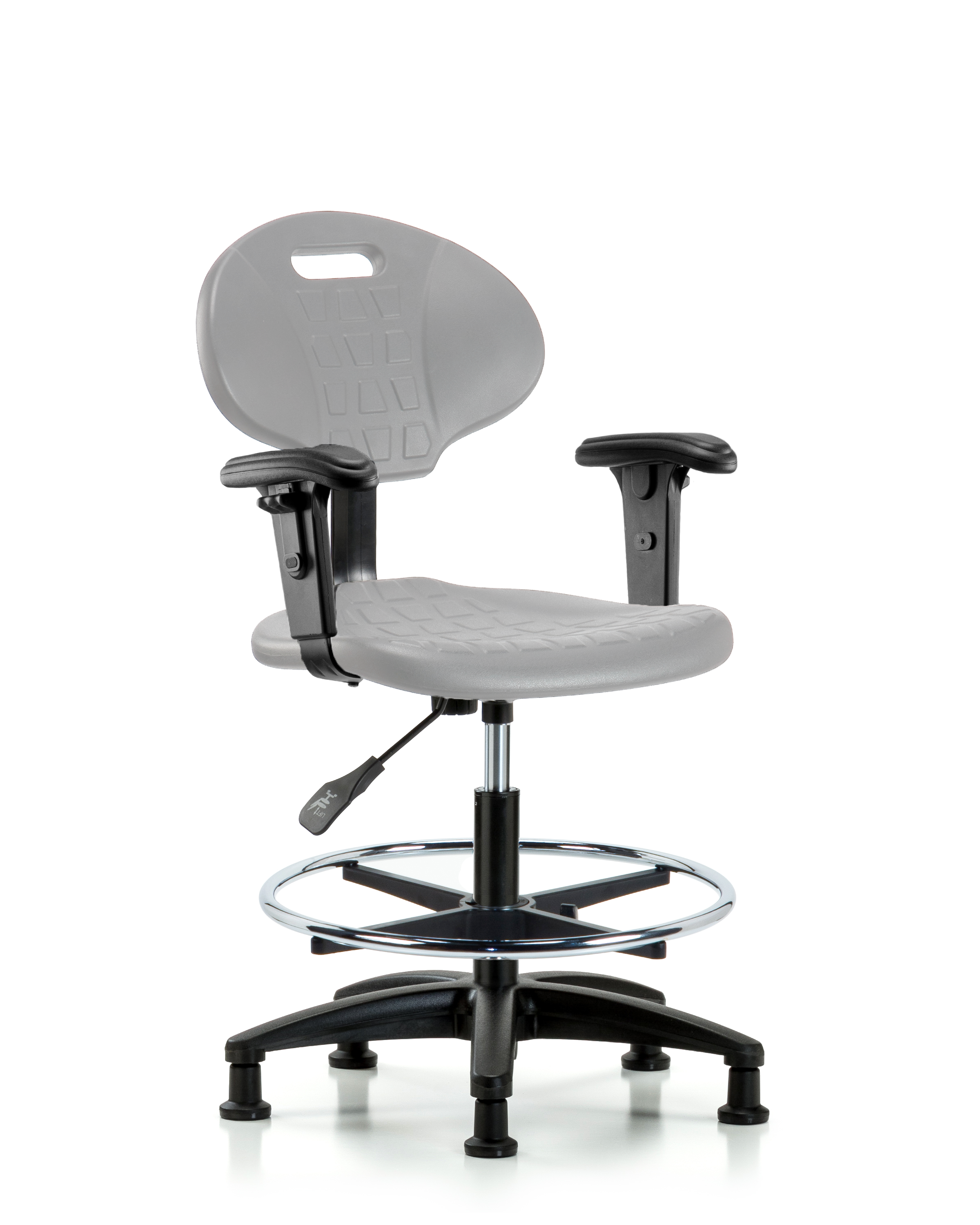 Erie Polyurethane Chair - Medium Bench Height with Chrome Foot Ring, Adjustable Arms, & Stationary Glides in Gray Polyurethane