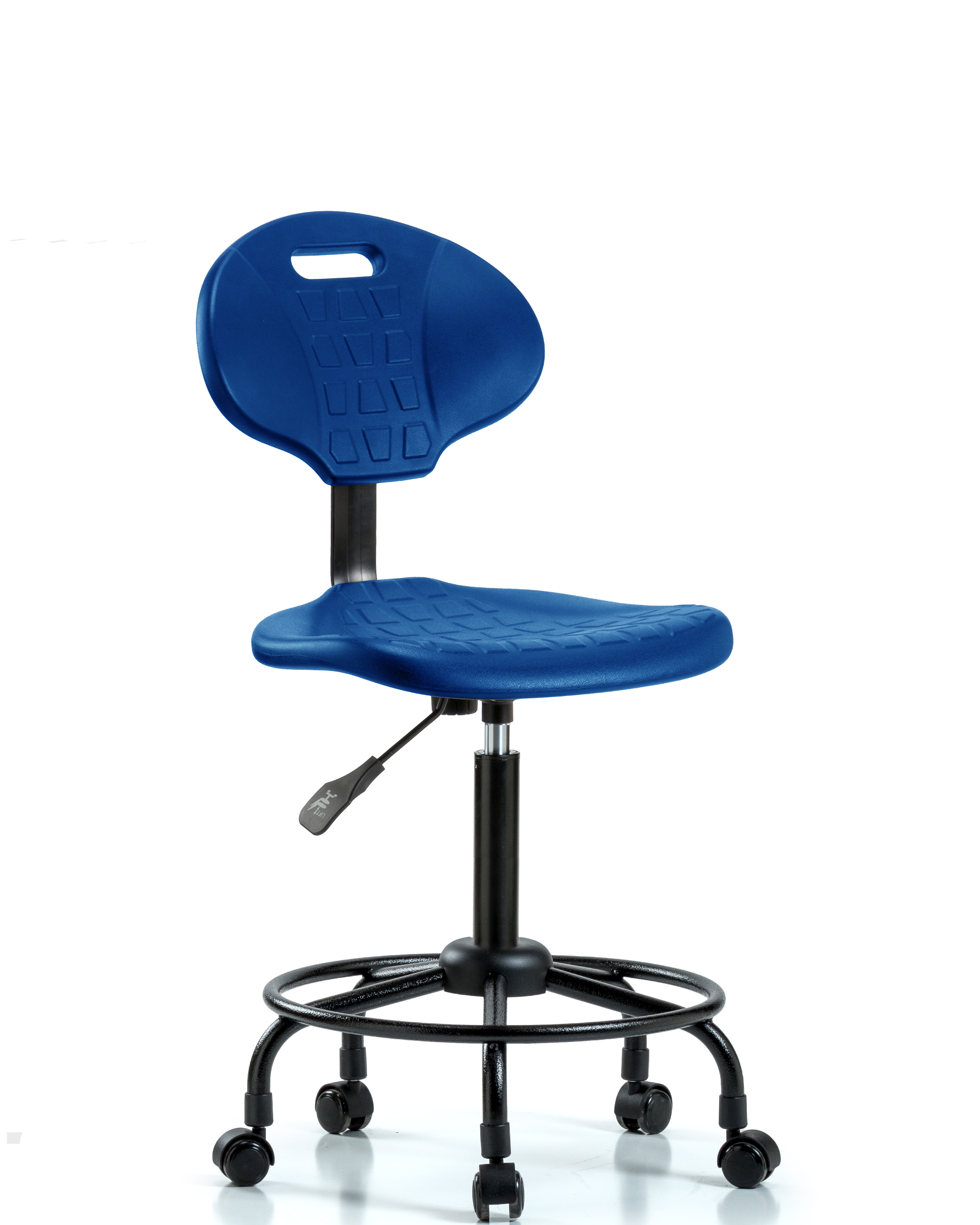 Erie Polyurethane Chair - Medium Bench Height with Round Tube Base & Casters in Blue Polyurethane