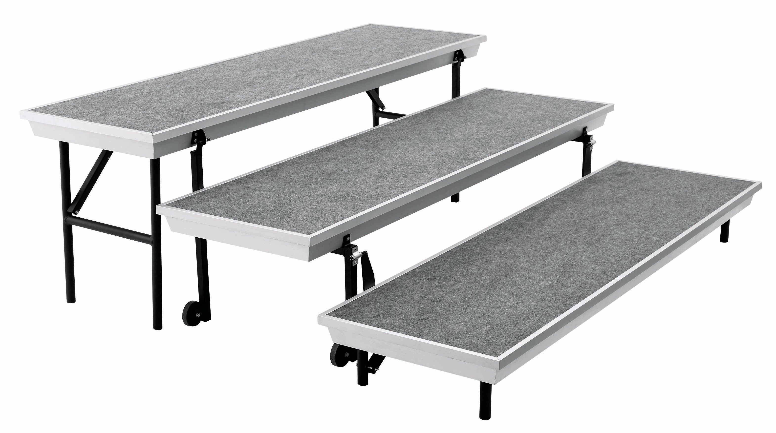 NPS® TransPort 3-Level Tapered Choral Riser, Carpet , Surface Material: Grey Carpet, Frame Color: Aluminum Frame, Black Legs