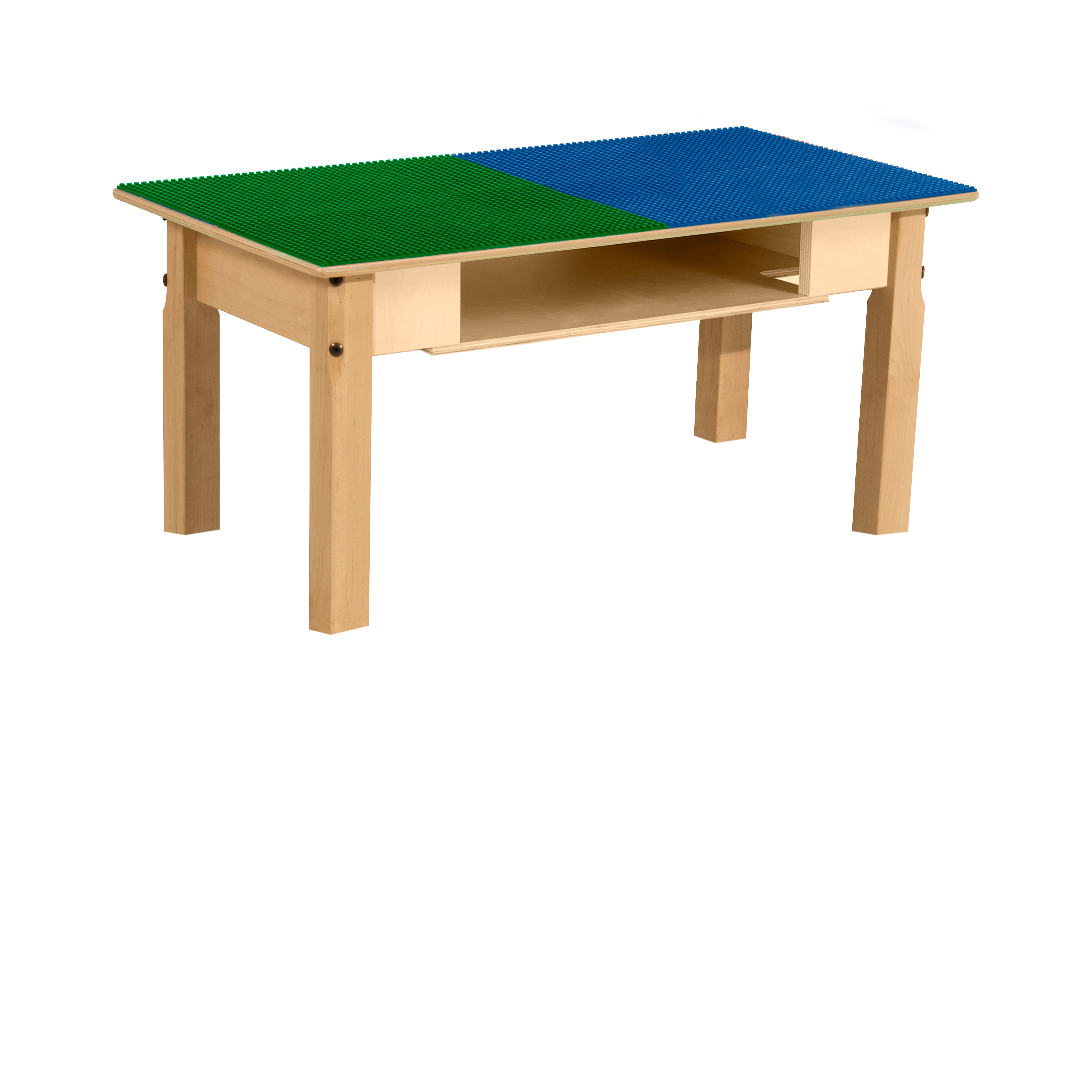 Rectangle Time-2-Play Table with a shelf, along with 14" legs and a LEGO® Compatible Grid of BLUE/GREEN Color