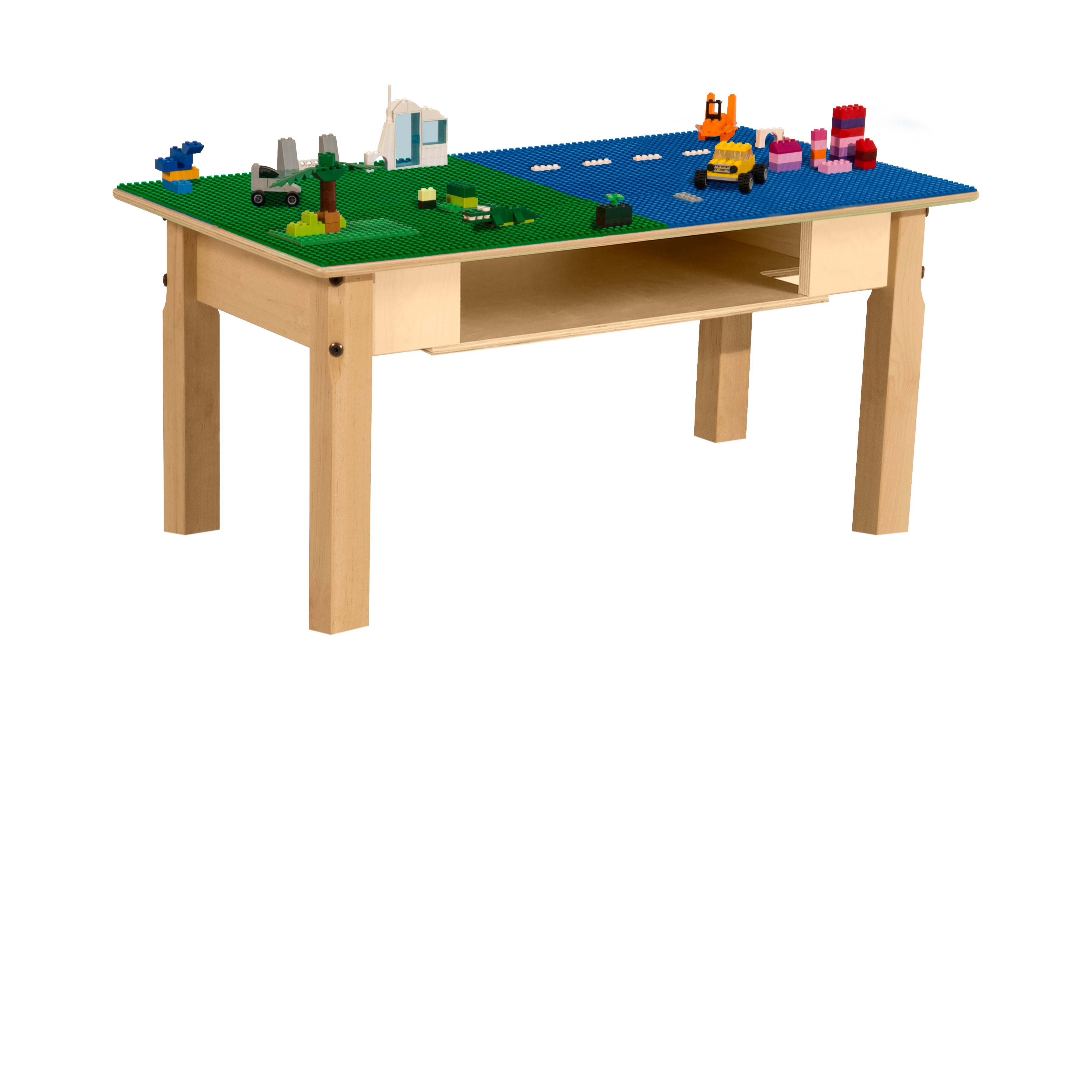 Rectangle Time-2-Play Table with a shelf, along with 14" legs and a LEGO® Compatible Grid of BLUE/GREEN Color
