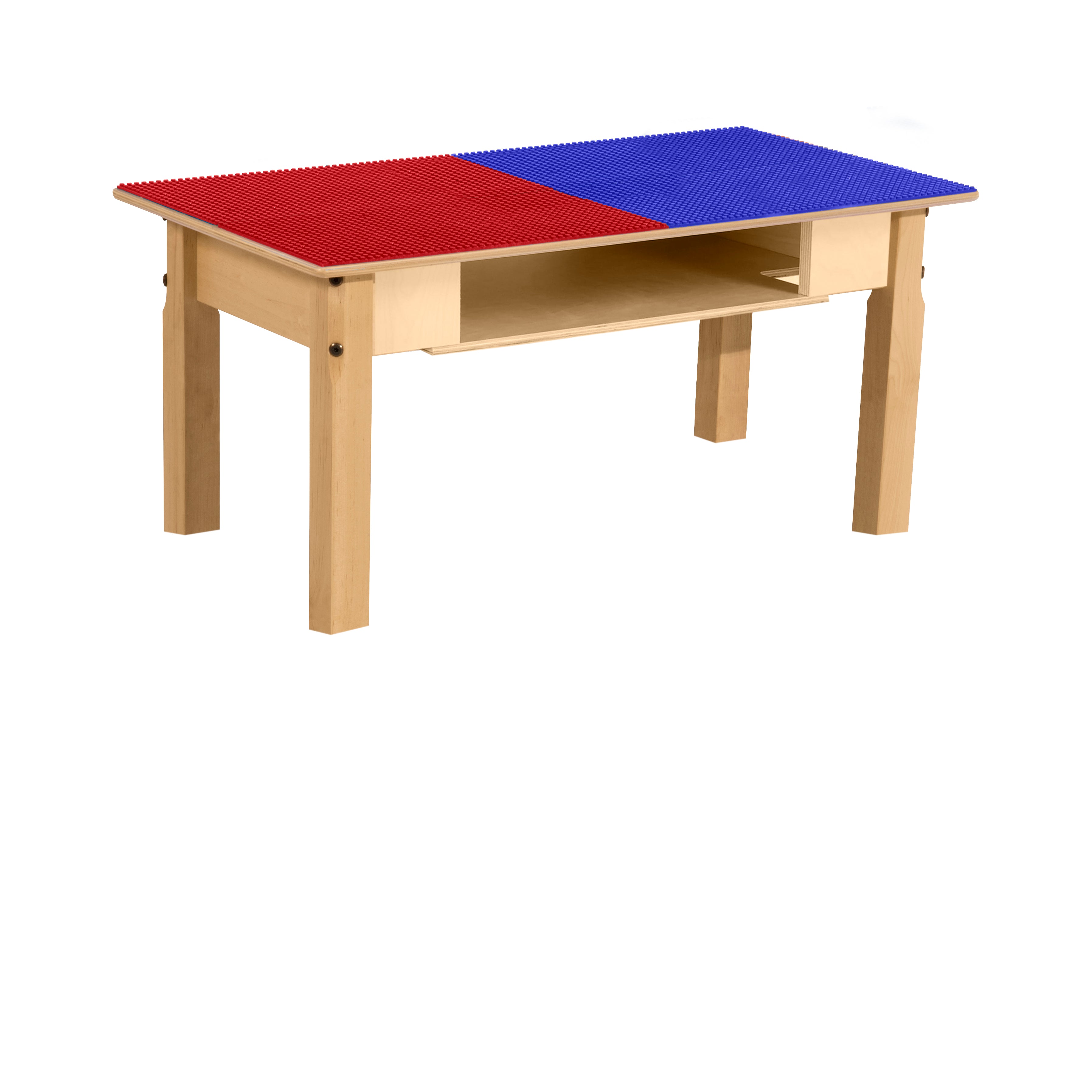 Rectangle Time-2-Play Table with a shelf, along with 14" legs and a LEGO® Compatible Grid of RED/BLUE Color