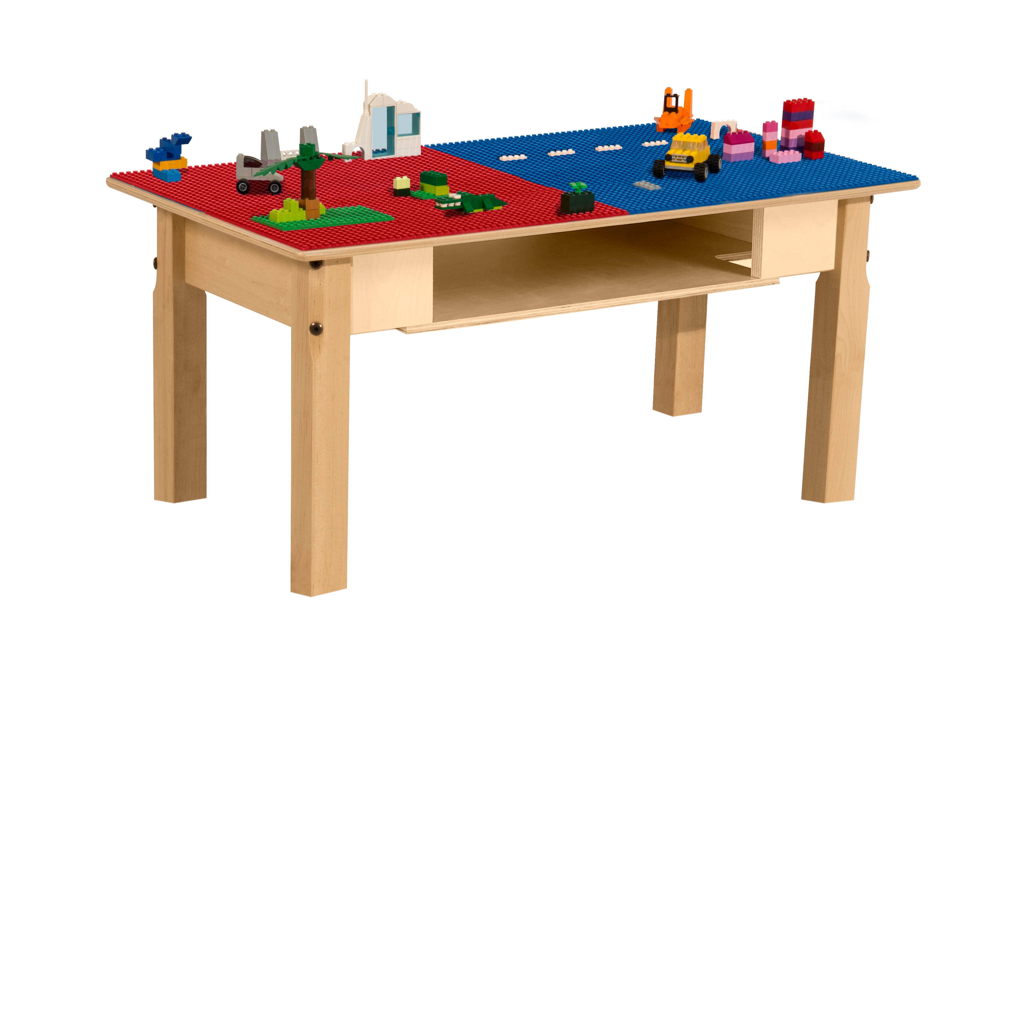 Rectangle Time-2-Play Table with a shelf, along with 14" legs and a LEGO® Compatible Grid of RED/BLUE Color