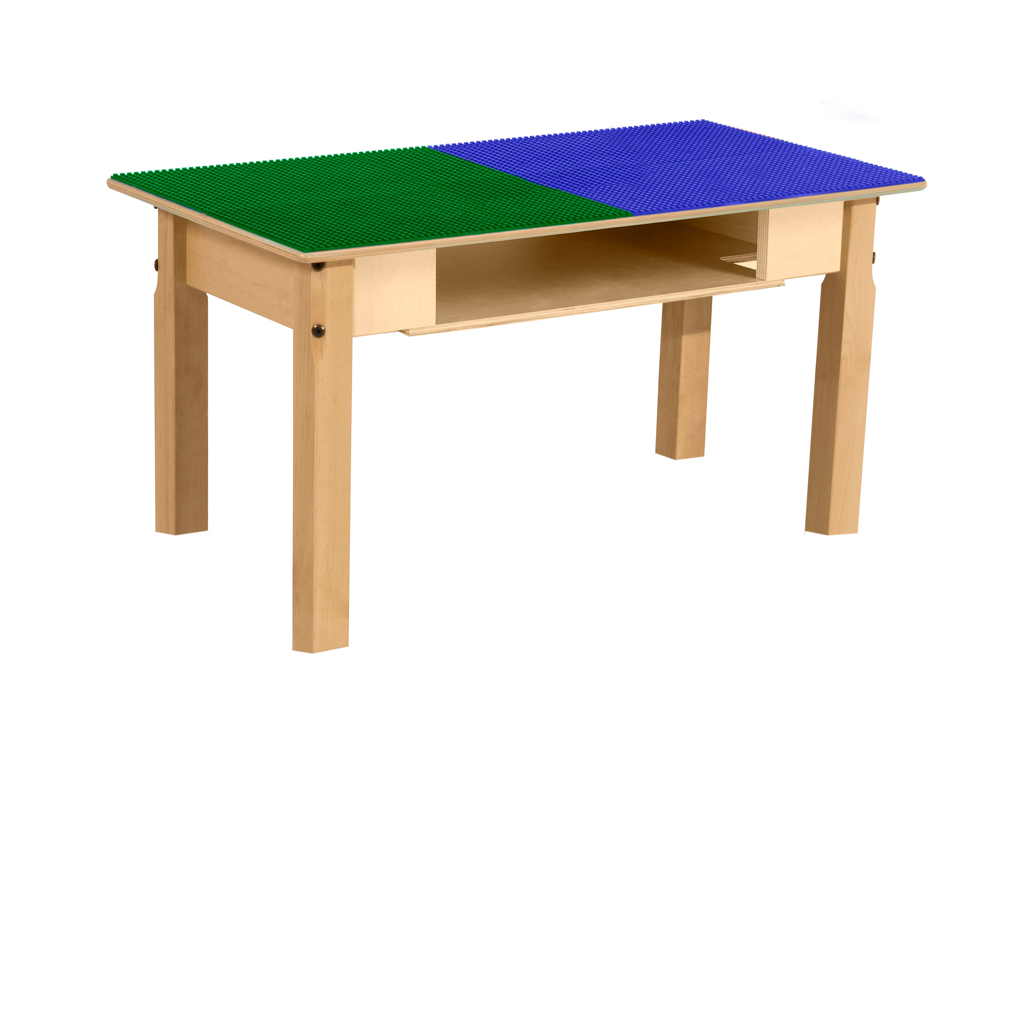 Rectangle Time-2-Play Table with a shelf, along with 16" legs and a LEGO® Compatible Grid of BLUE/GREEN Color