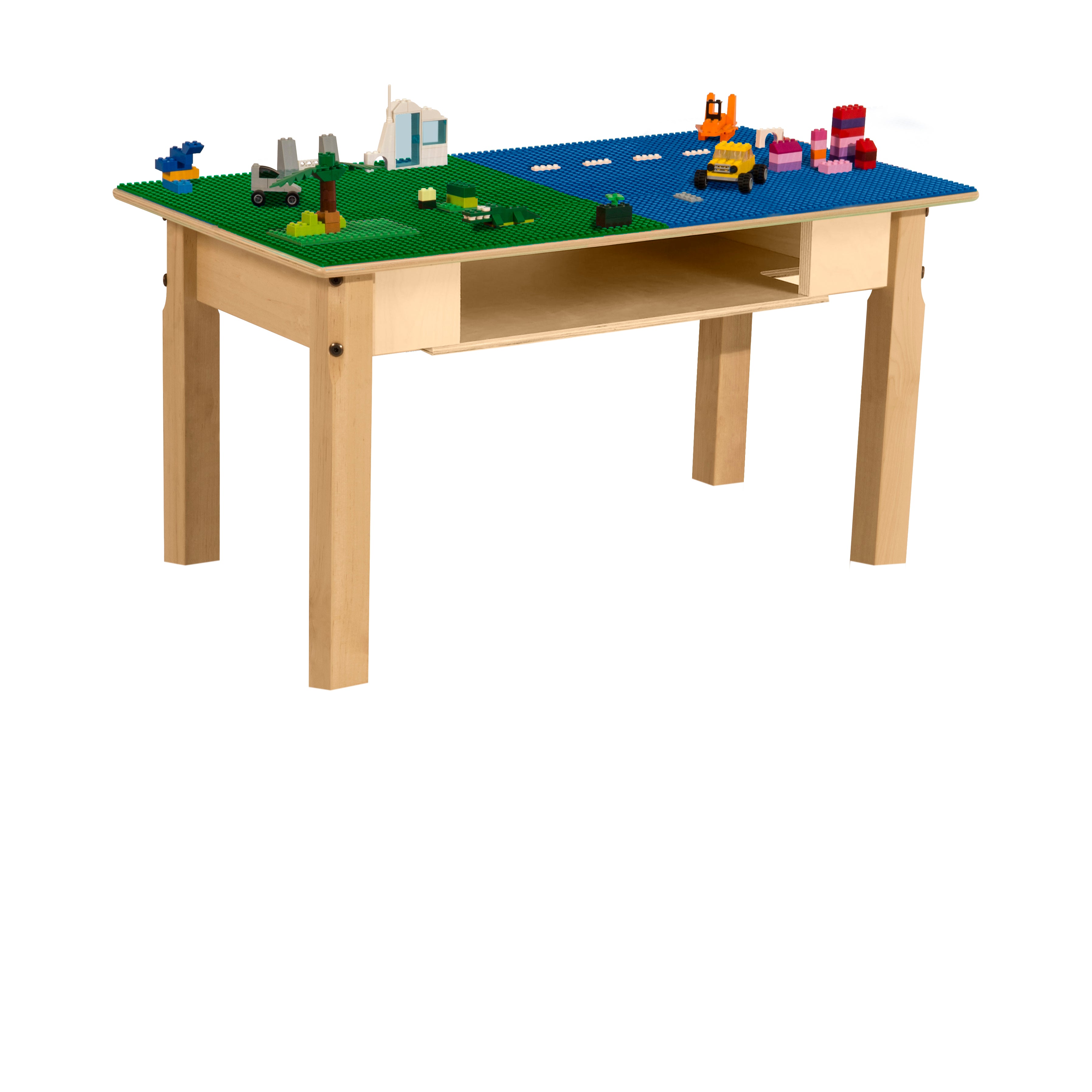 Rectangle Time-2-Play Table with a shelf, along with 16" legs and a LEGO® Compatible Grid of BLUE/GREEN Color