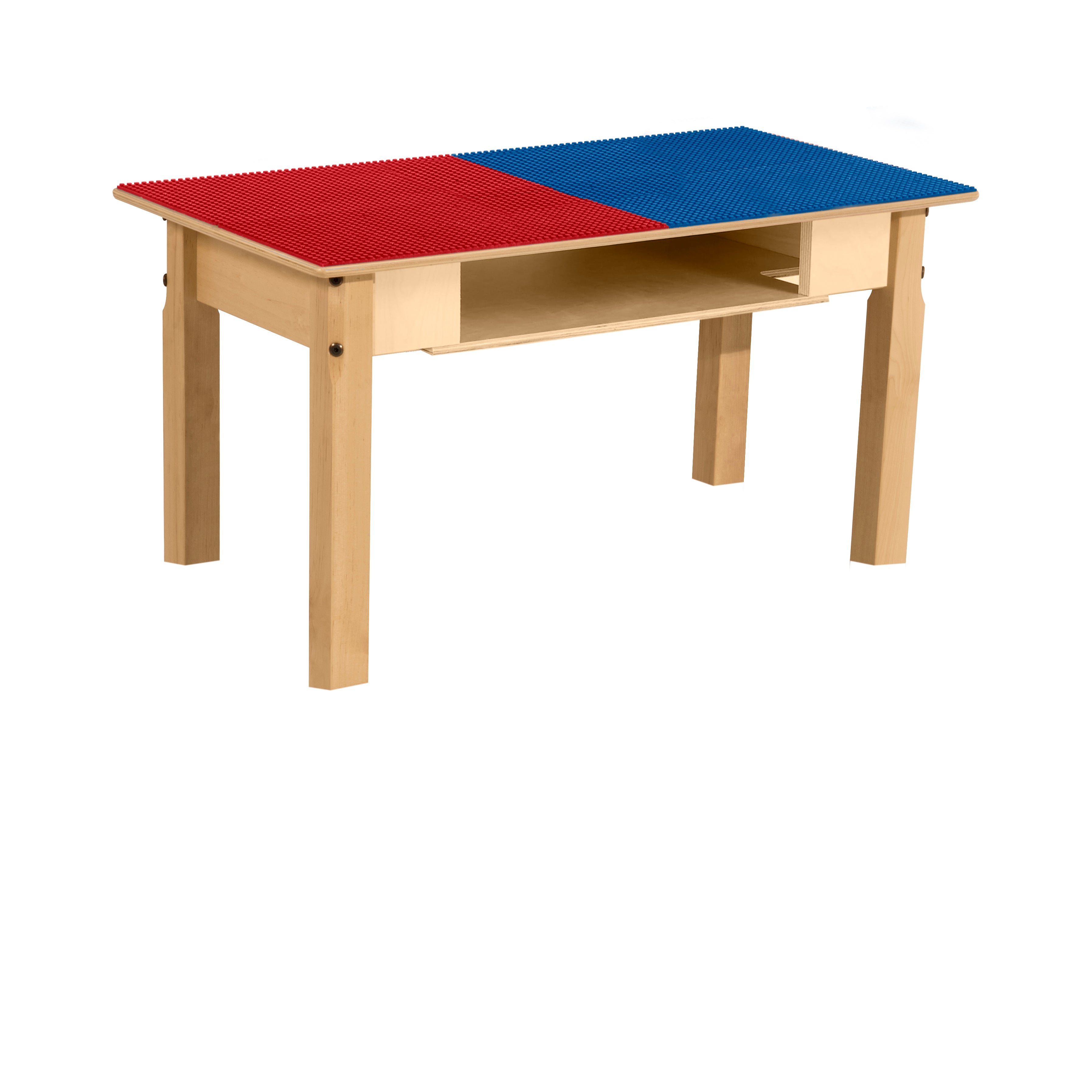 Rectangle Time-2-Play Table with a shelf, along with 16" legs and a LEGO® Compatible Grid of RED/BLUE Color