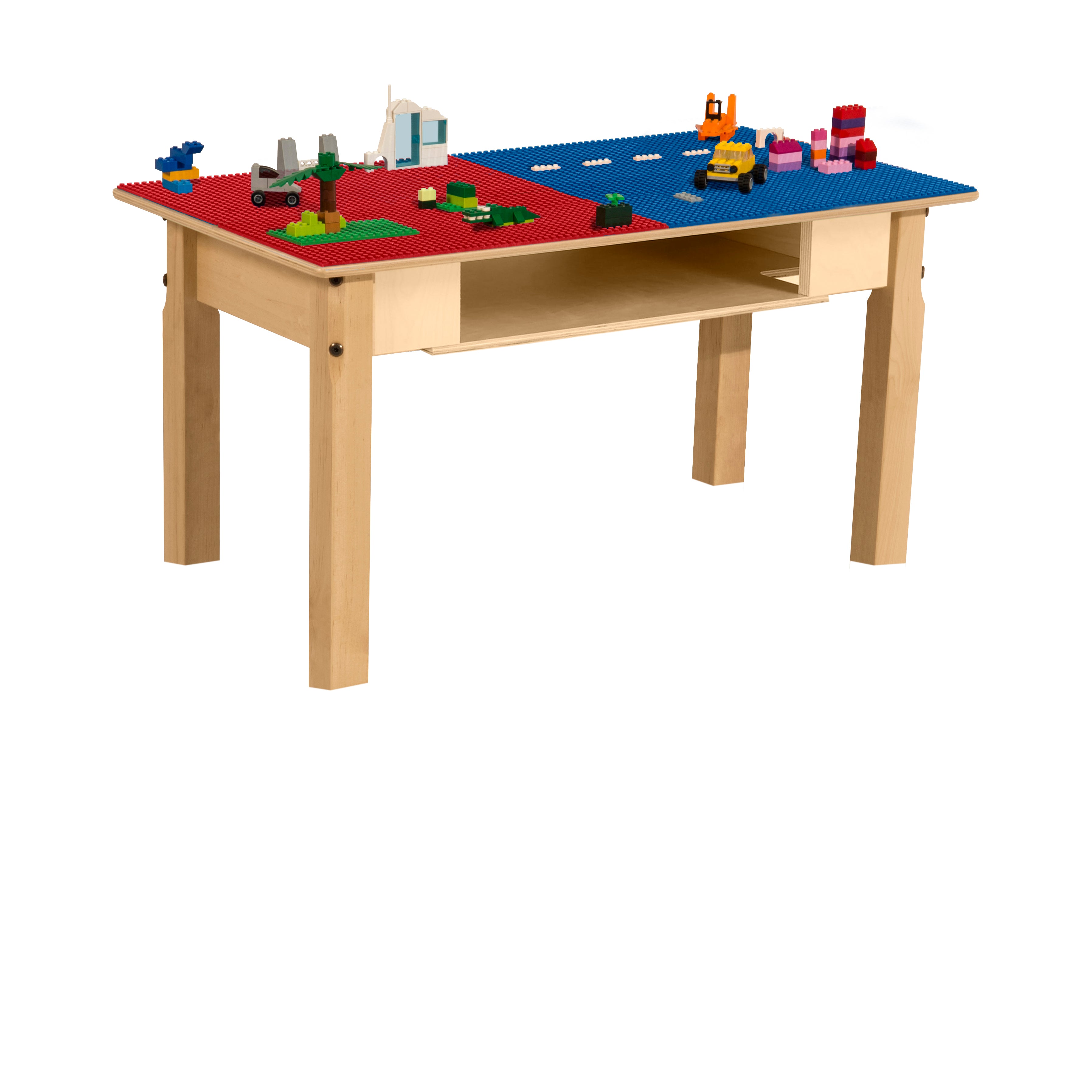 Rectangle Time-2-Play Table with a shelf, along with 16" legs and a LEGO® Compatible Grid of RED/BLUE Color