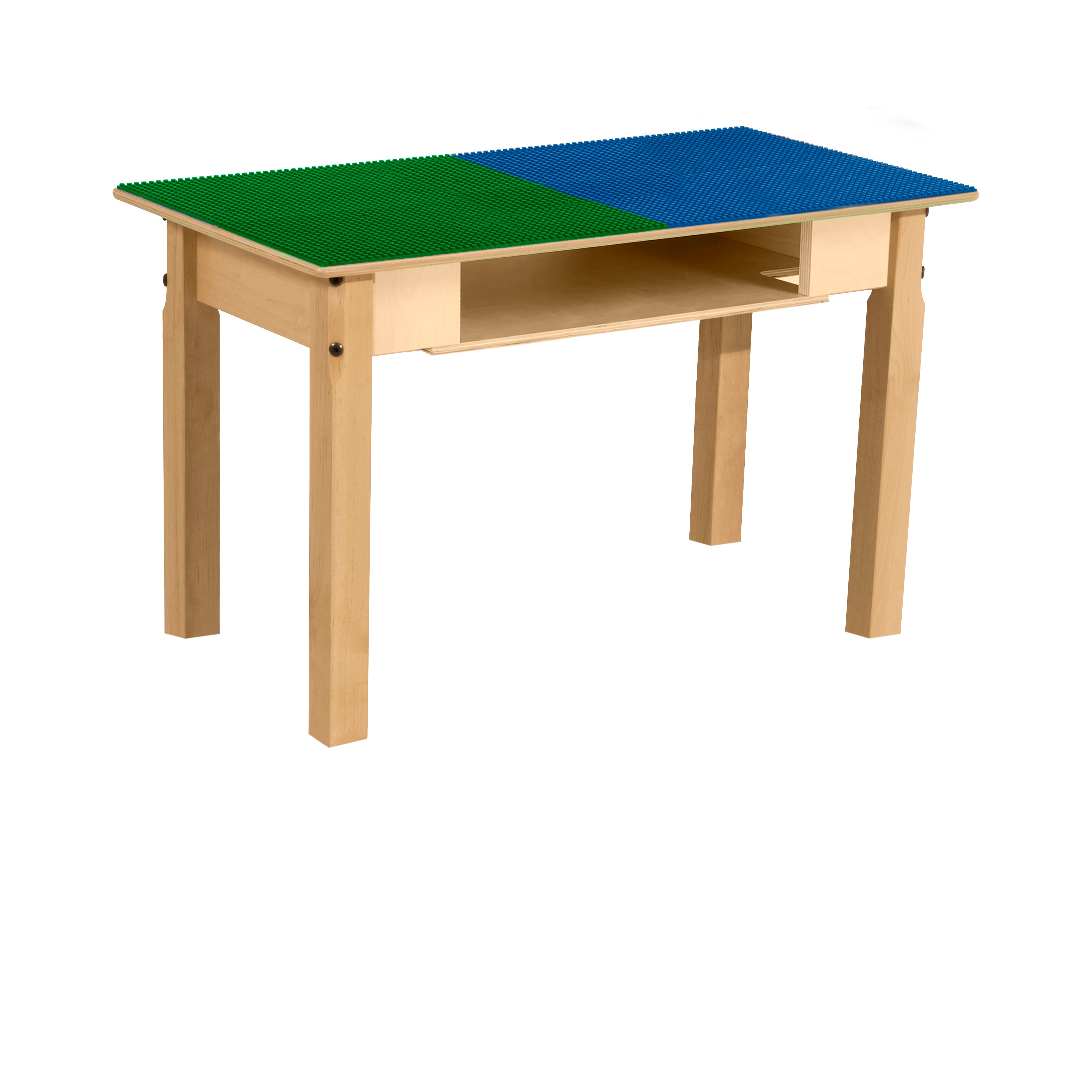 Rectangle Time-2-Play Table with a shelf, along with 18" legs and a LEGO® Compatible Grid of BLUE/GREEN Color
