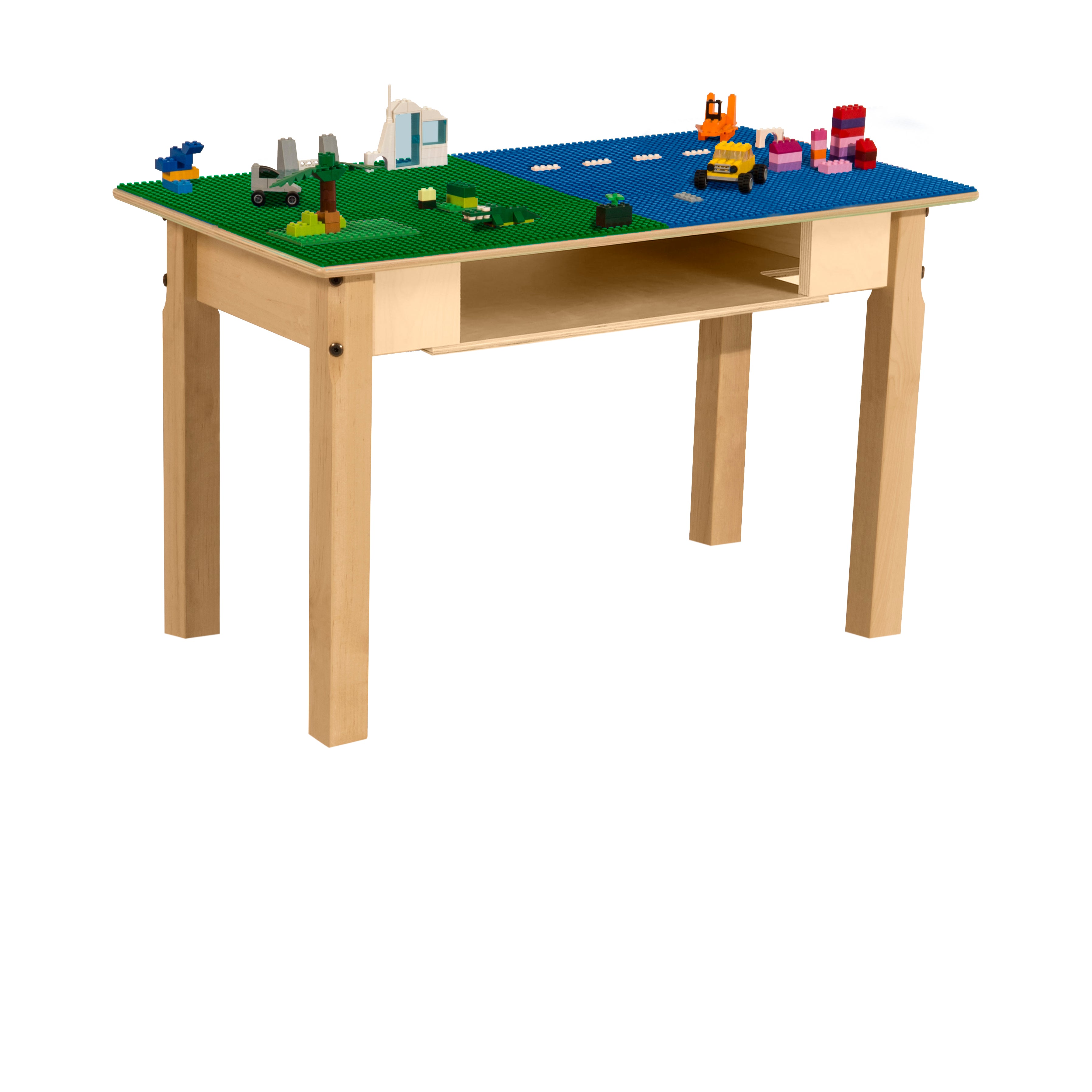 Rectangle Time-2-Play Table with a shelf, along with 18" legs and a LEGO® Compatible Grid of BLUE/GREEN Color