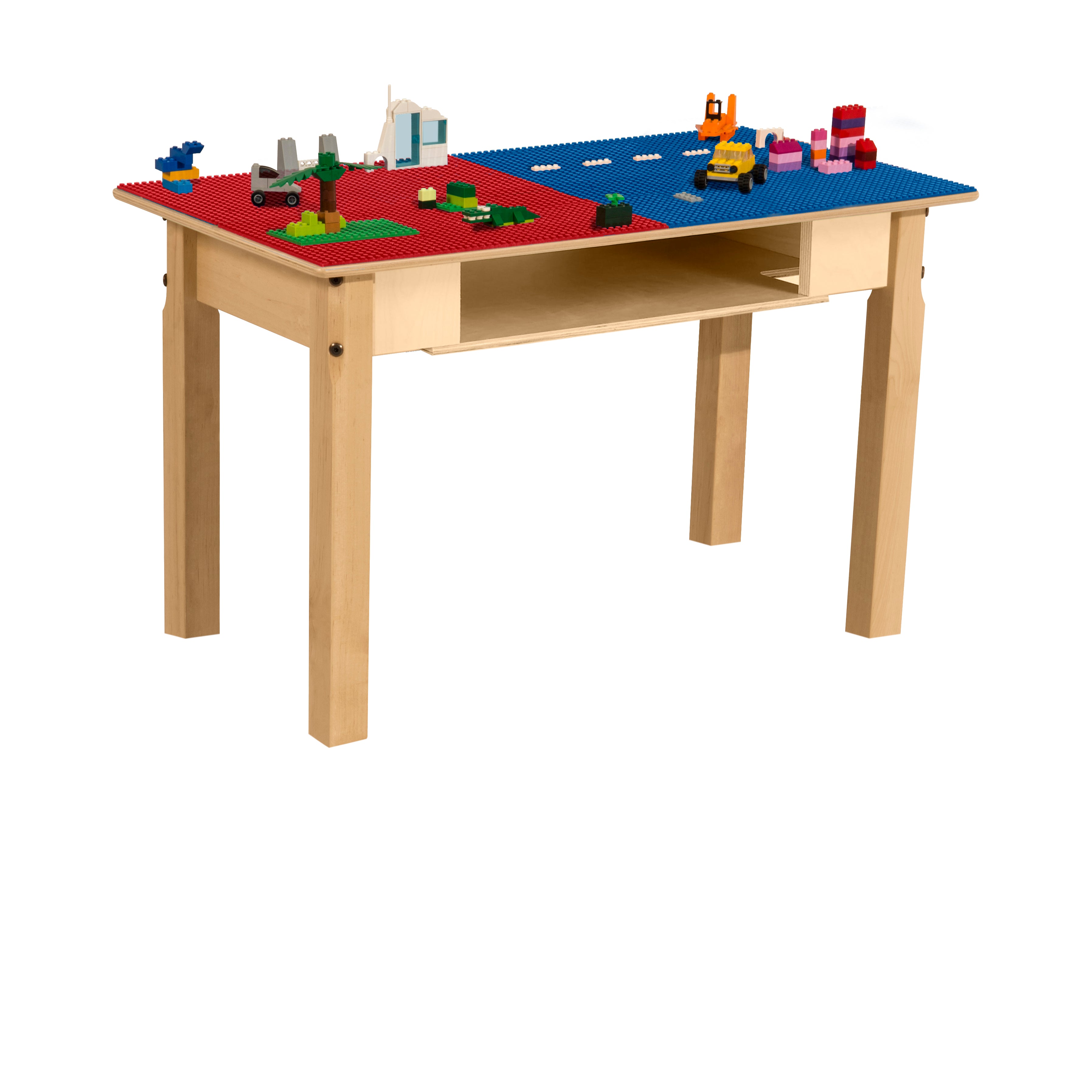 Rectangle Time-2-Play Table with a shelf, along with 18" legs and a LEGO® Compatible Grid of RED/BLUE Color
