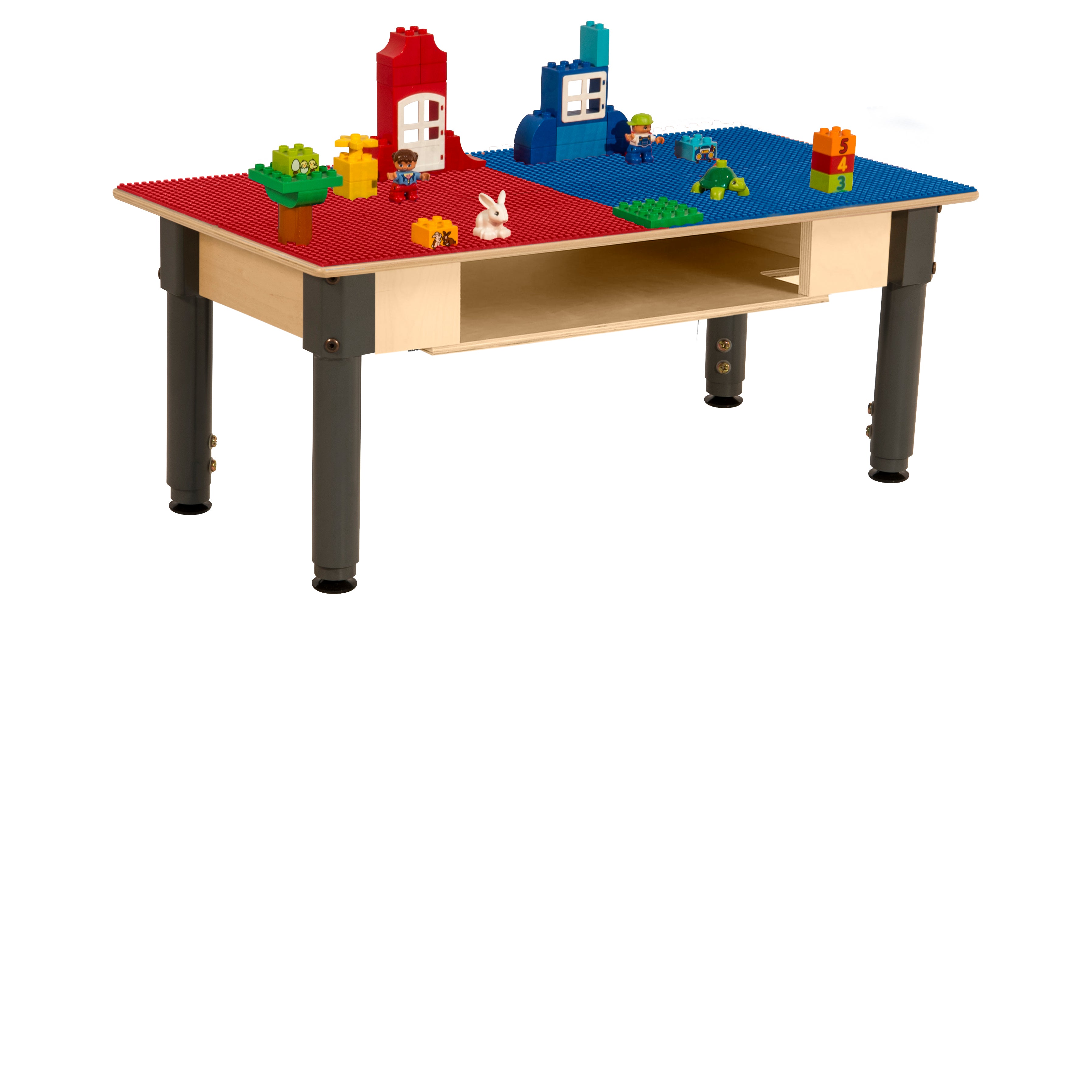 Rectangle Time-2-Play Table with a shelf, along with adjustable 12"-17" legs and a DUPLO® Compatible Grid of RED/BLUE Color