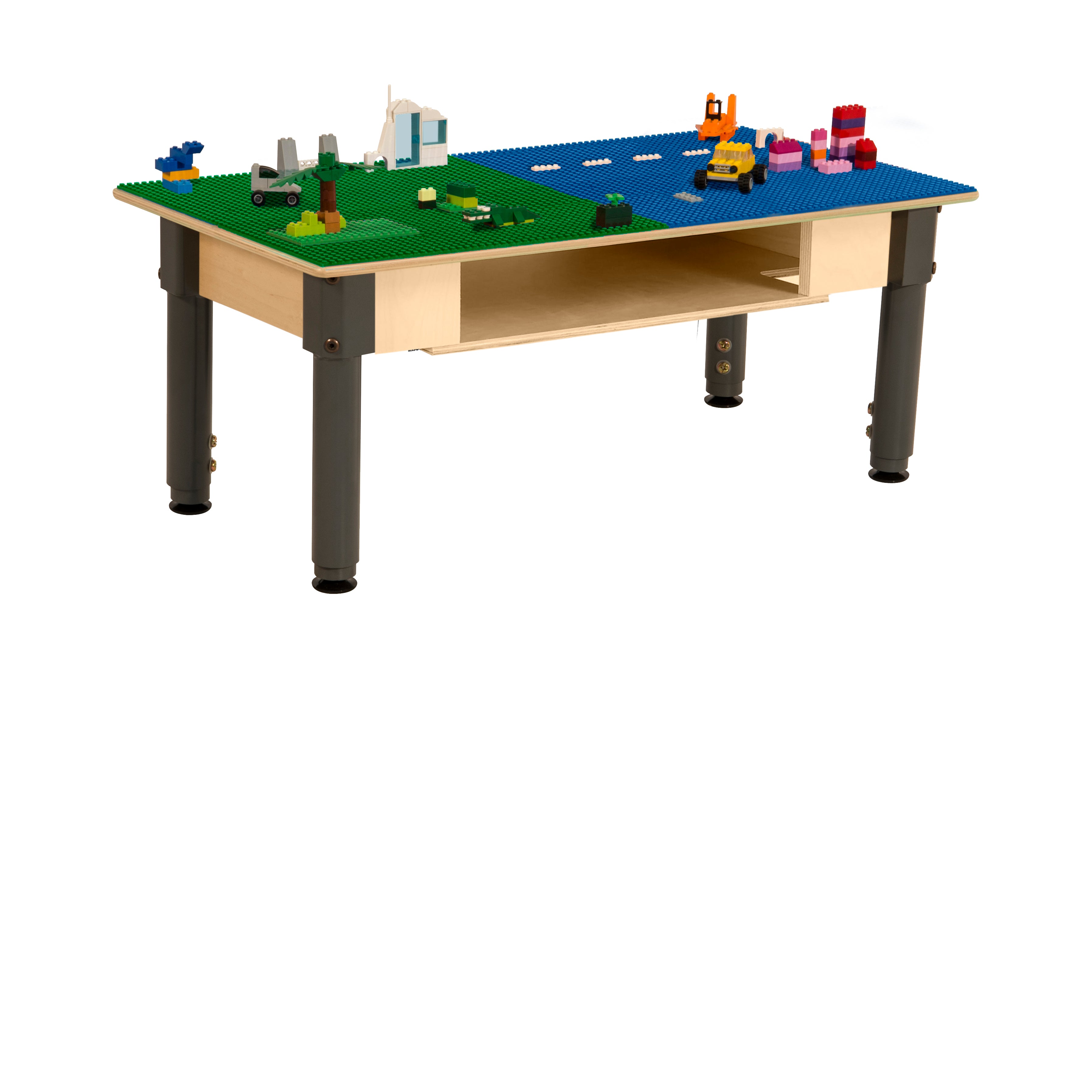Rectangle Time-2-Play Table with a shelf, along with adjustable 12"-17" legs and a LEGO® Compatible Grid of BLUE/GREEN Color
