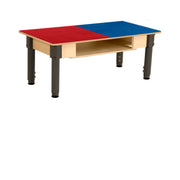 Rectangle Time-2-Play Table with a shelf, along with adjustable 12"-17" legs and a LEGO® Compatible Grid of RED/BLUE Color