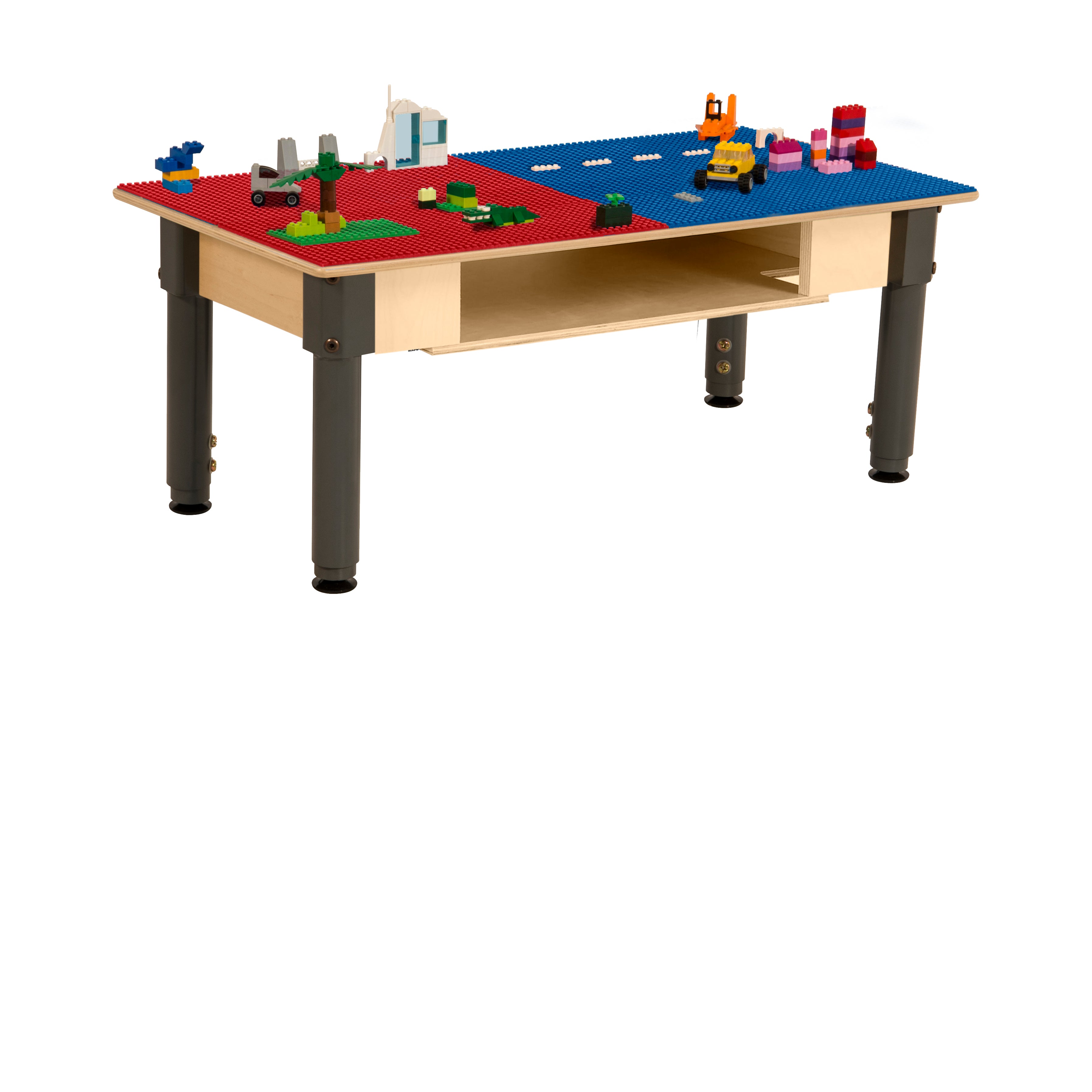 Rectangle Time-2-Play Table with a shelf, along with adjustable 12"-17" legs and a LEGO® Compatible Grid of RED/BLUE Color