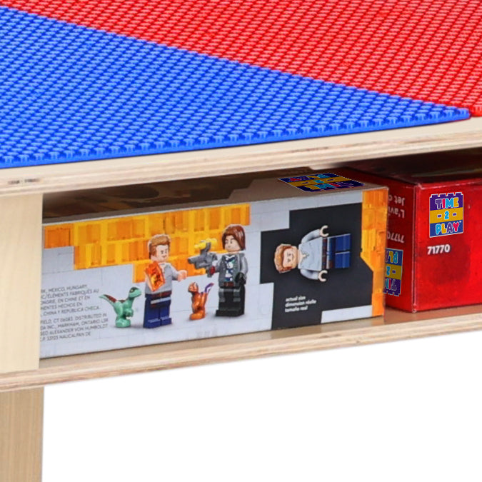Rectangle Time-2-Play Table with a shelf, along with adjustable 12"-17" legs and a LEGO® Compatible Grid of RED/BLUE Color
