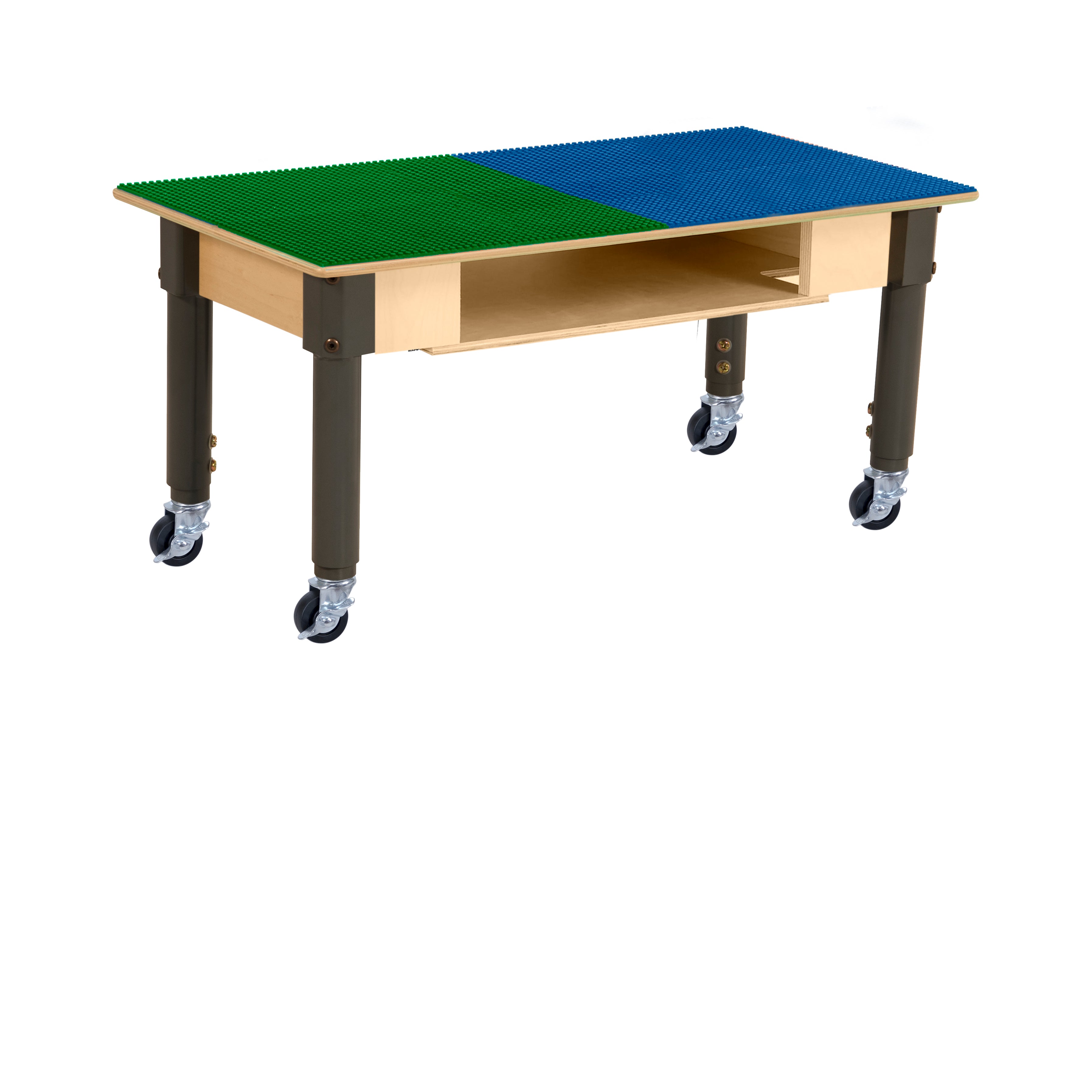 Rectangle Time-2-Play Table with a shelf, along with adjustable 12"-17" legs with locking casters and a DUPLO® Compatible Grid of BLUE/GREEN Color