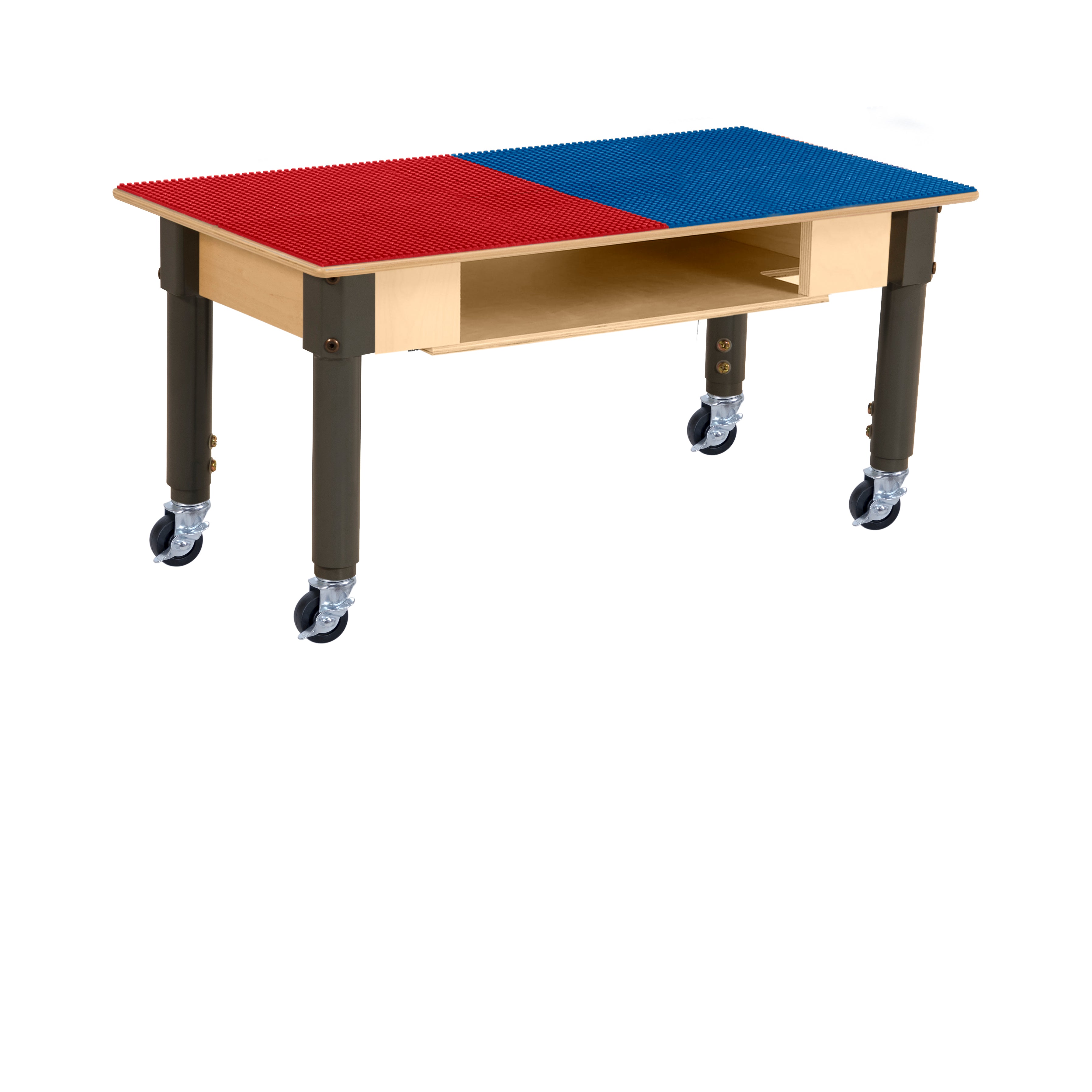 Rectangle Time-2-Play Table with a shelf, along with adjustable 12"-17" legs with locking casters and a DUPLO® Compatible Grid of RED/BLUE Color