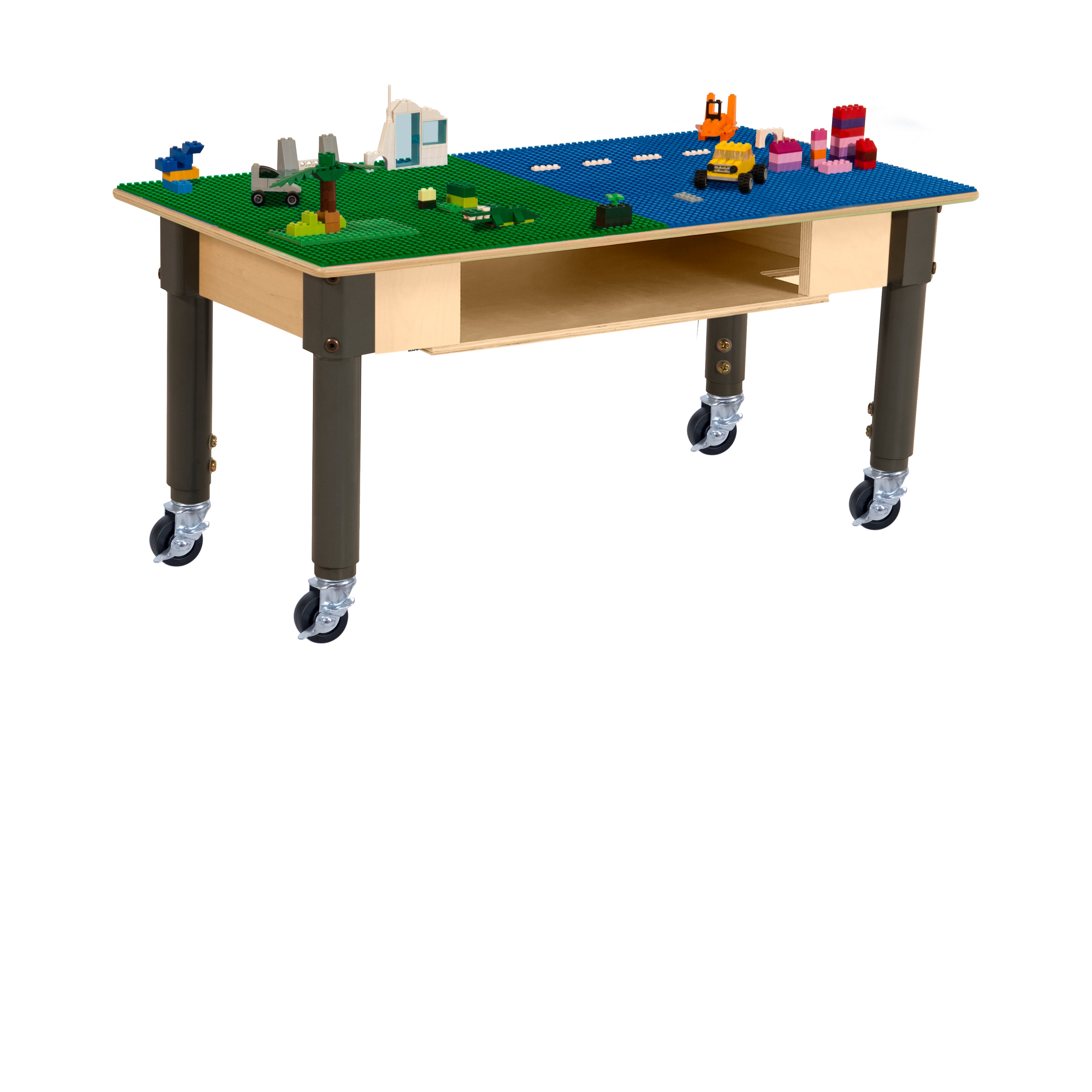 Rectangle Time-2-Play Table with a shelf, along with adjustable 12"-18" legs with locking casters and a LEGO® Compatible Grid of BLUE/GREEN Color