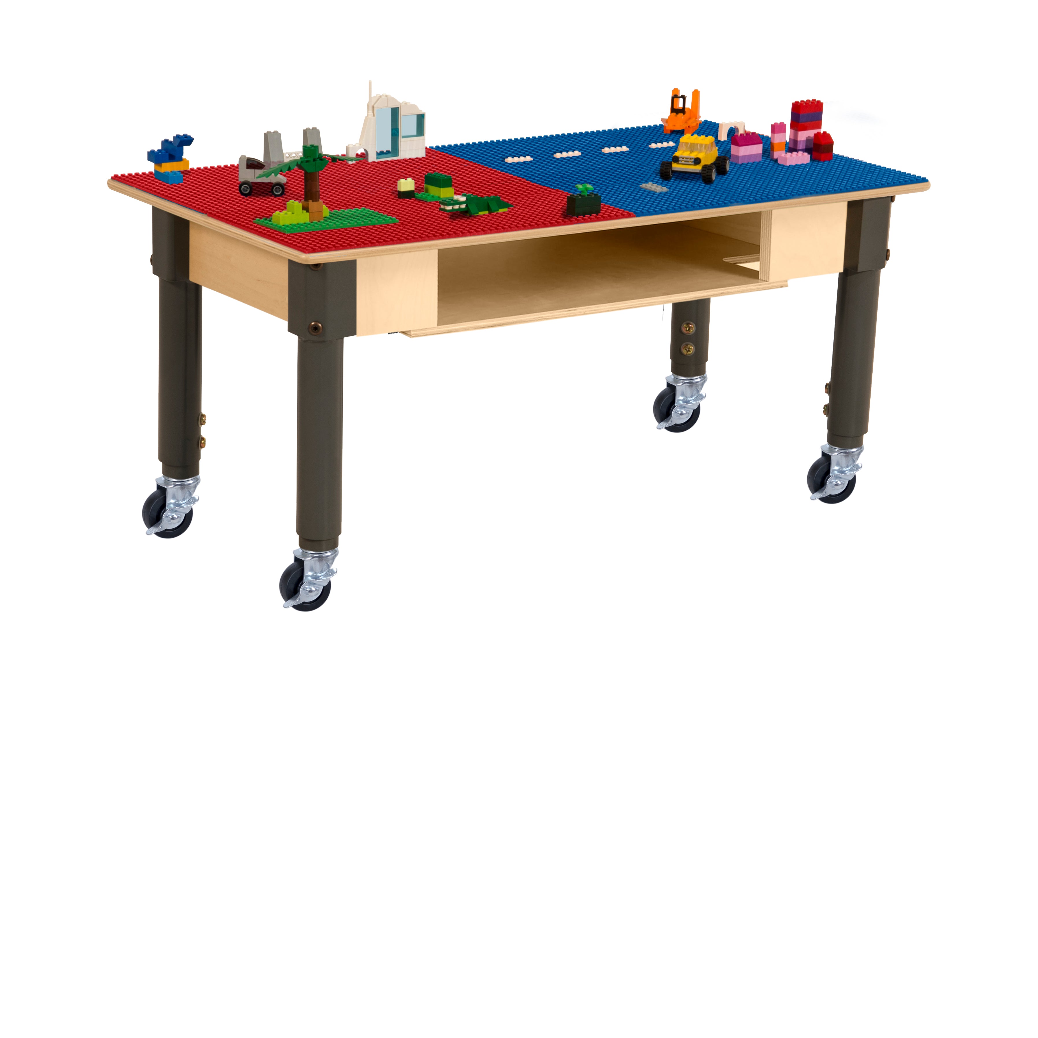 Rectangle Time-2-Play Table with a shelf, along with adjustable 12"-17" legs with locking casters and a LEGO® Compatible Grid of RED/BLUE Color