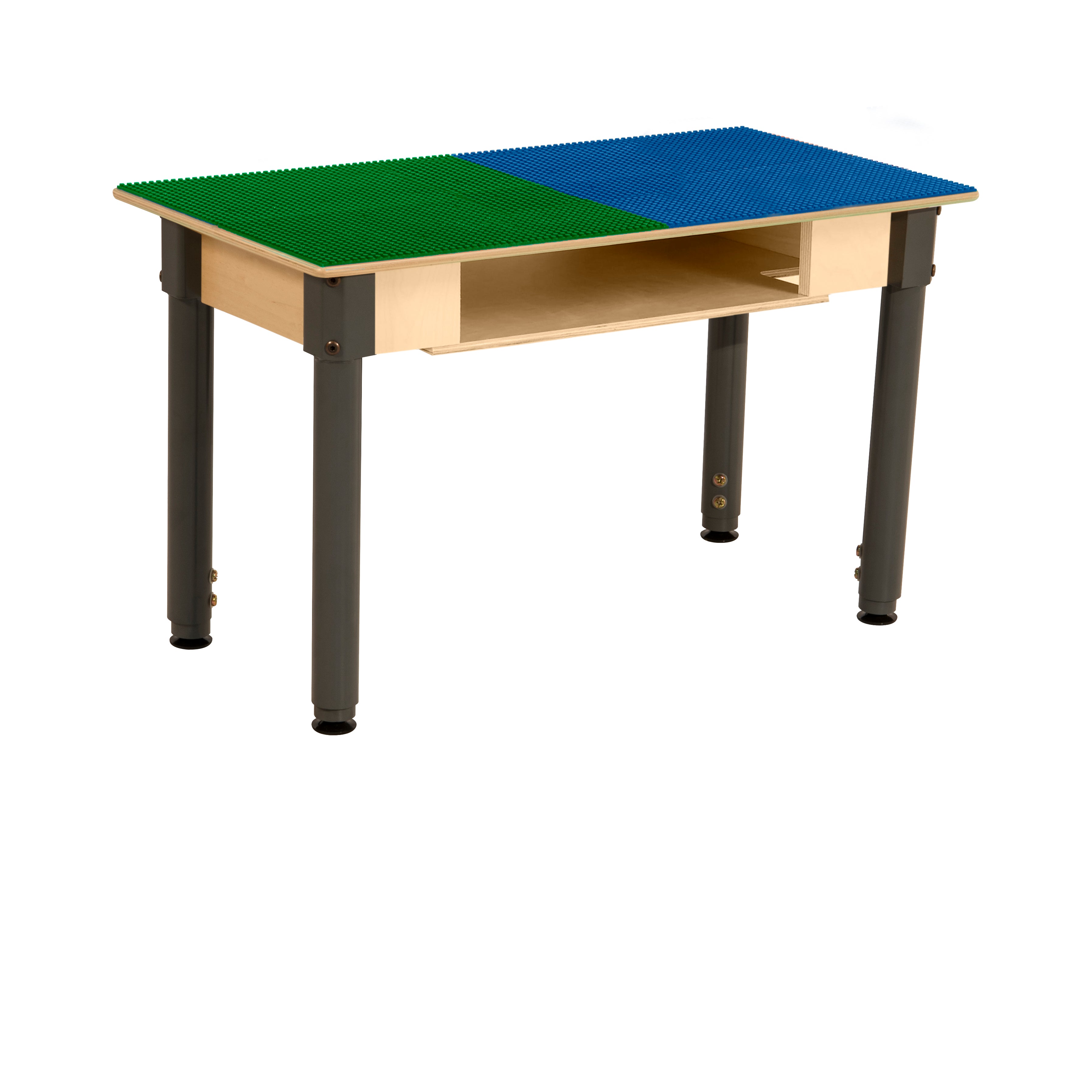 Rectangle Time-2-Play Table with a shelf, along with adjustable 18"-29" legs and a LEGO® Compatible Grid of BLUE/GREEN Color