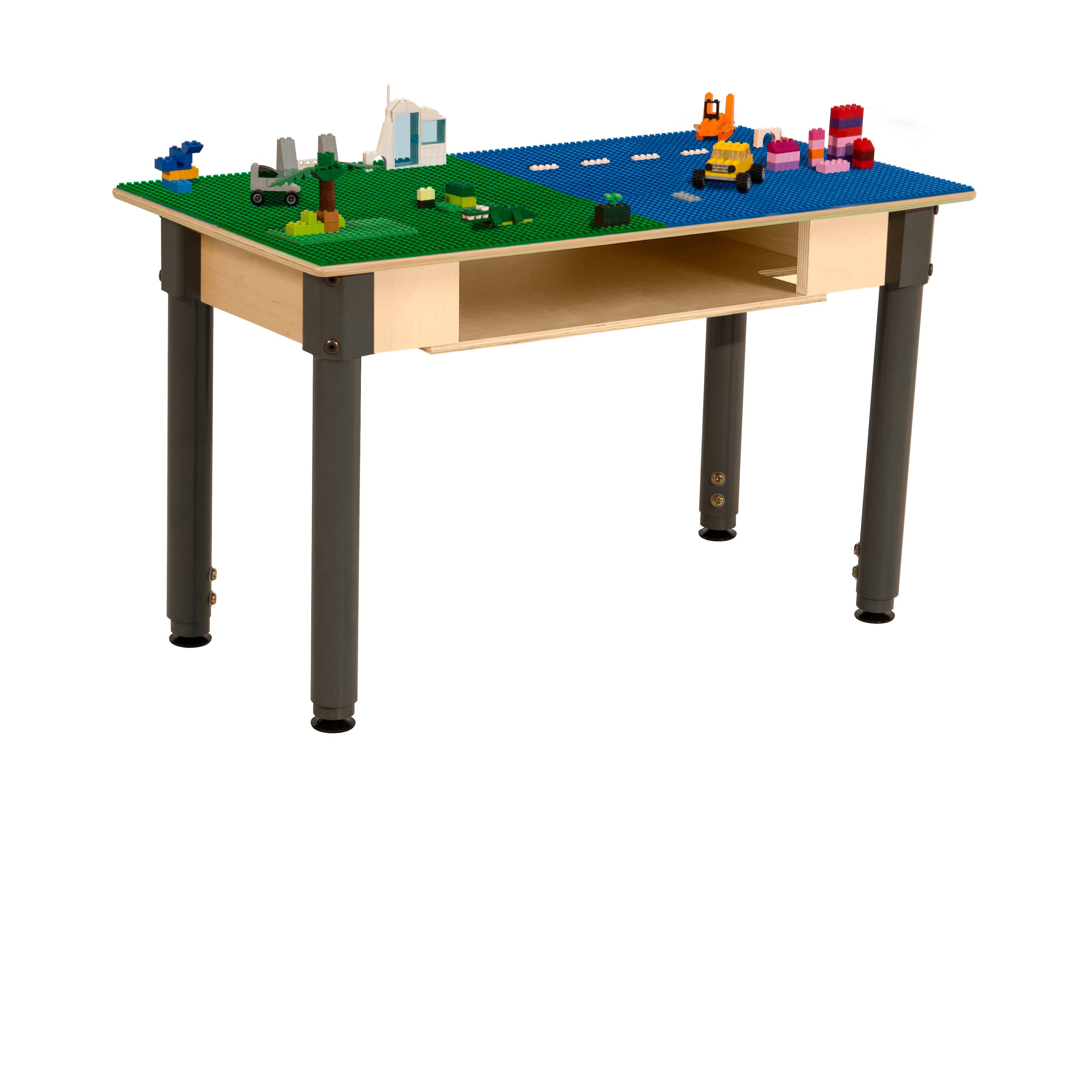 Rectangle Time-2-Play Table with a shelf, along with adjustable 18"-29" legs and a LEGO® Compatible Grid of BLUE/GREEN Color