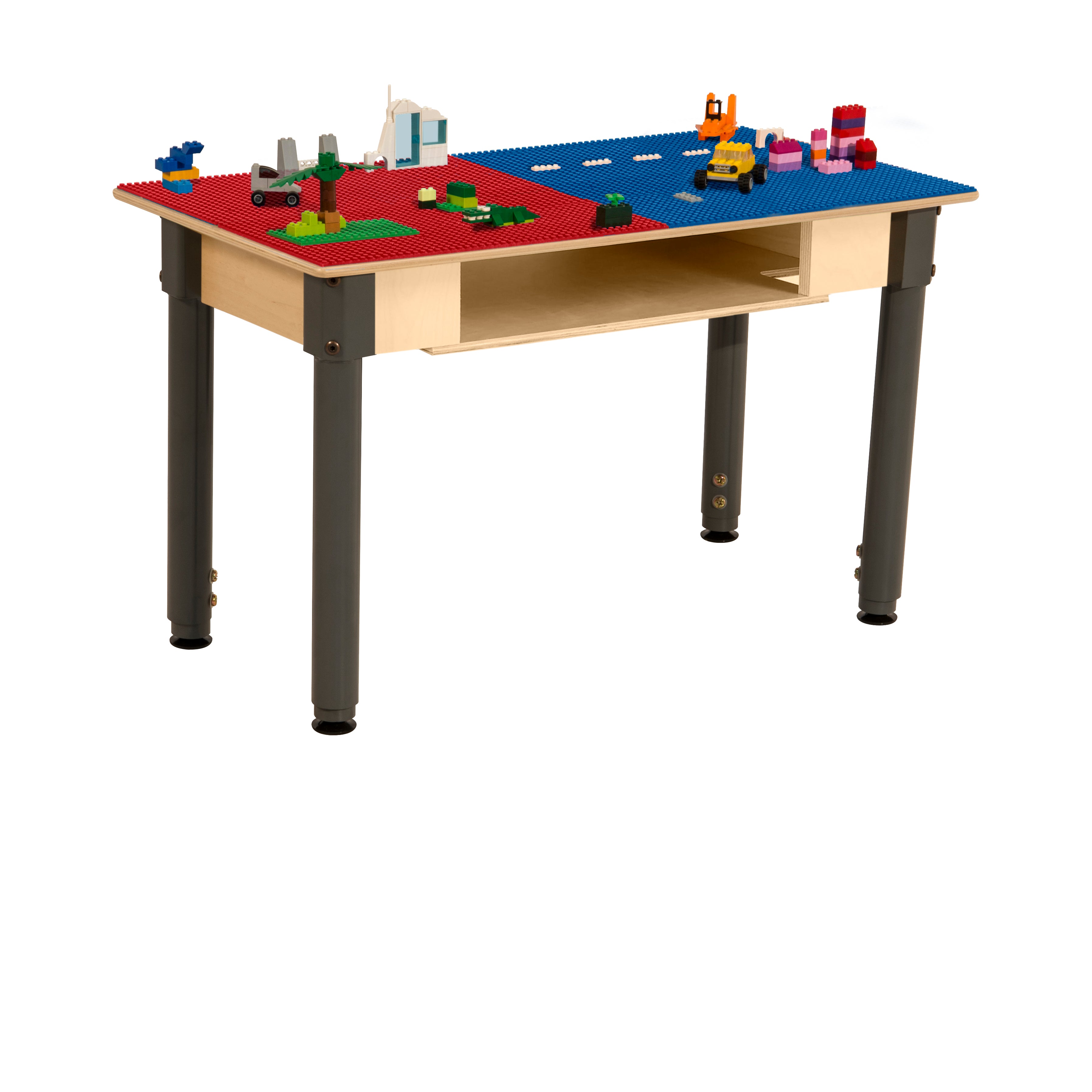 Rectangle Time-2-Play Table with a shelf, along with adjustable 18"-29" legs and a LEGO® Compatible Grid of RED/BLUE Color