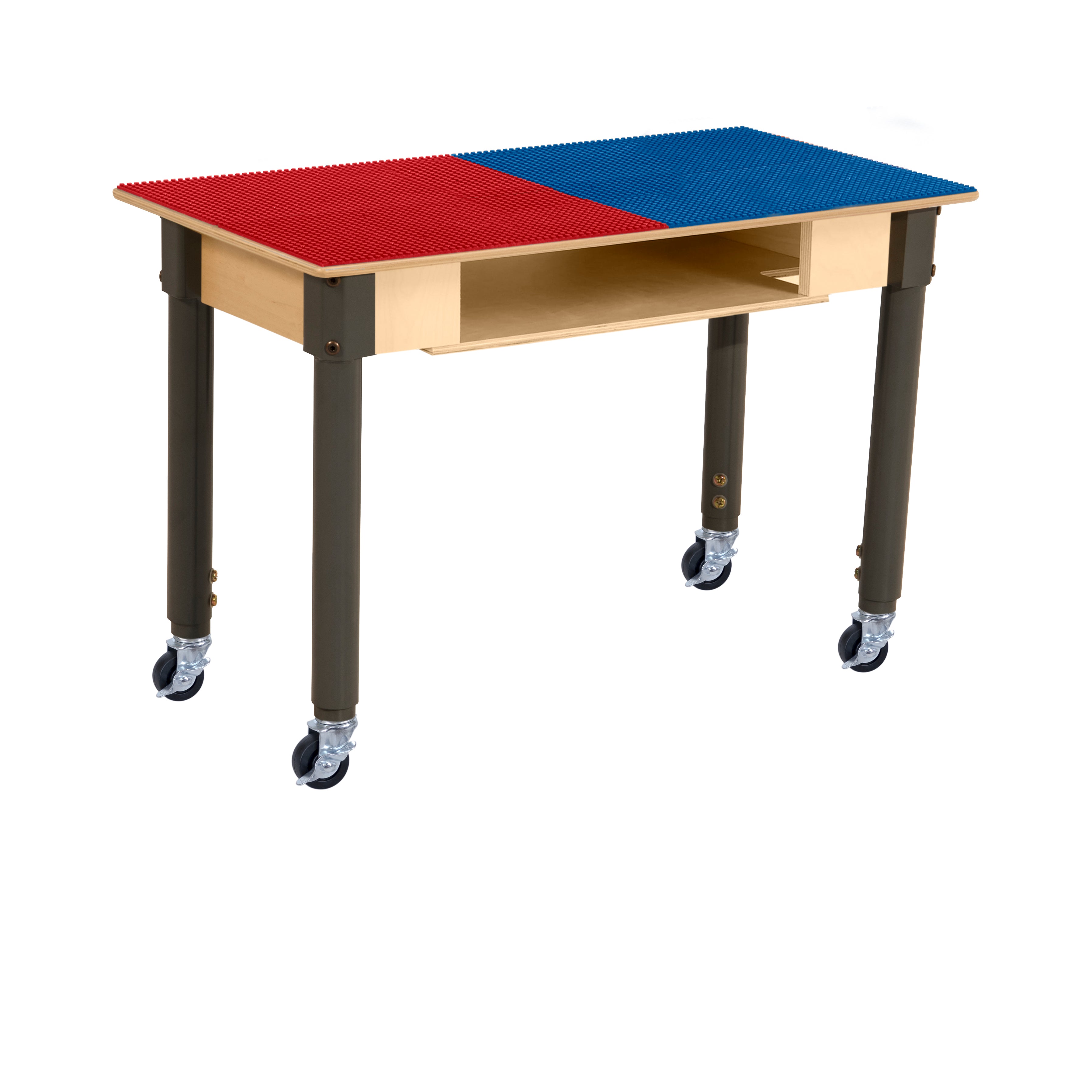 Rectangle Time-2-Play Table with a shelf, along with adjustable 18"-29" legs with locking casters and a DUPLO® Compatible Grid of RED/BLUE Color